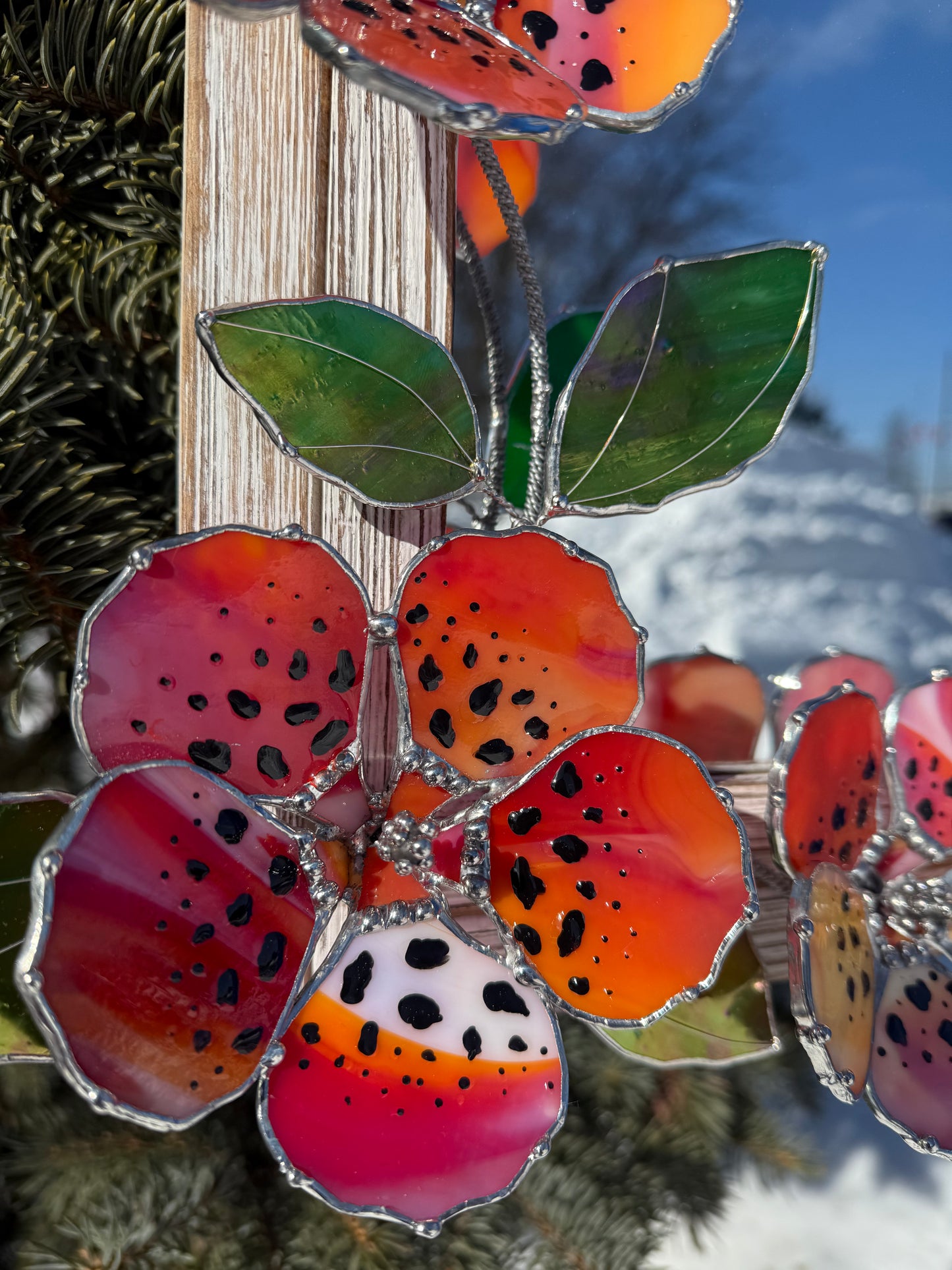 .Tiger Hibiscus Stained glass Wall Mirror, 3D Botanical Floral Art
