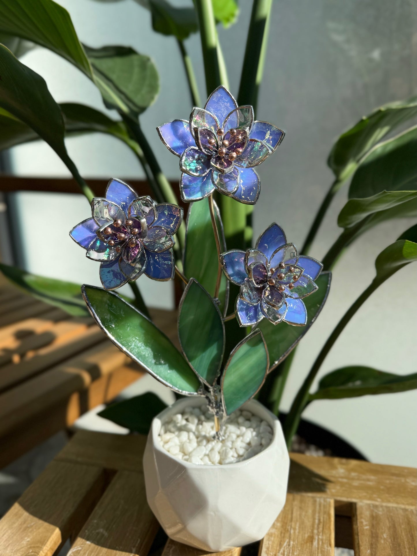 .Blue Iridescent Wildflower Stained glass Handcrafted Floral Home Decor new