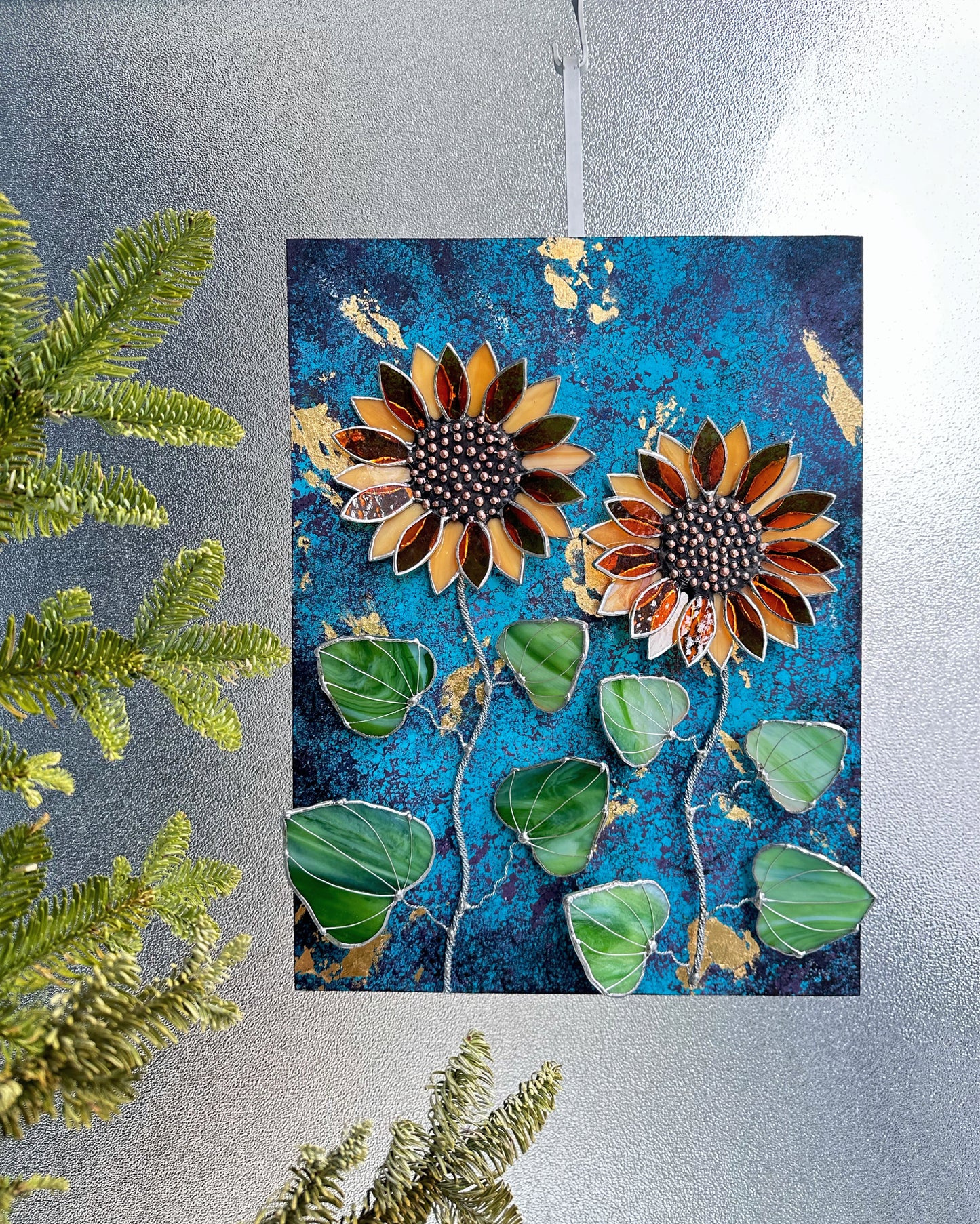 ".Acrylic painting with stained glass 3D flowers  Midnight Sunflowers" wall decor Art, Wedding, Christmas, gift  Succulents