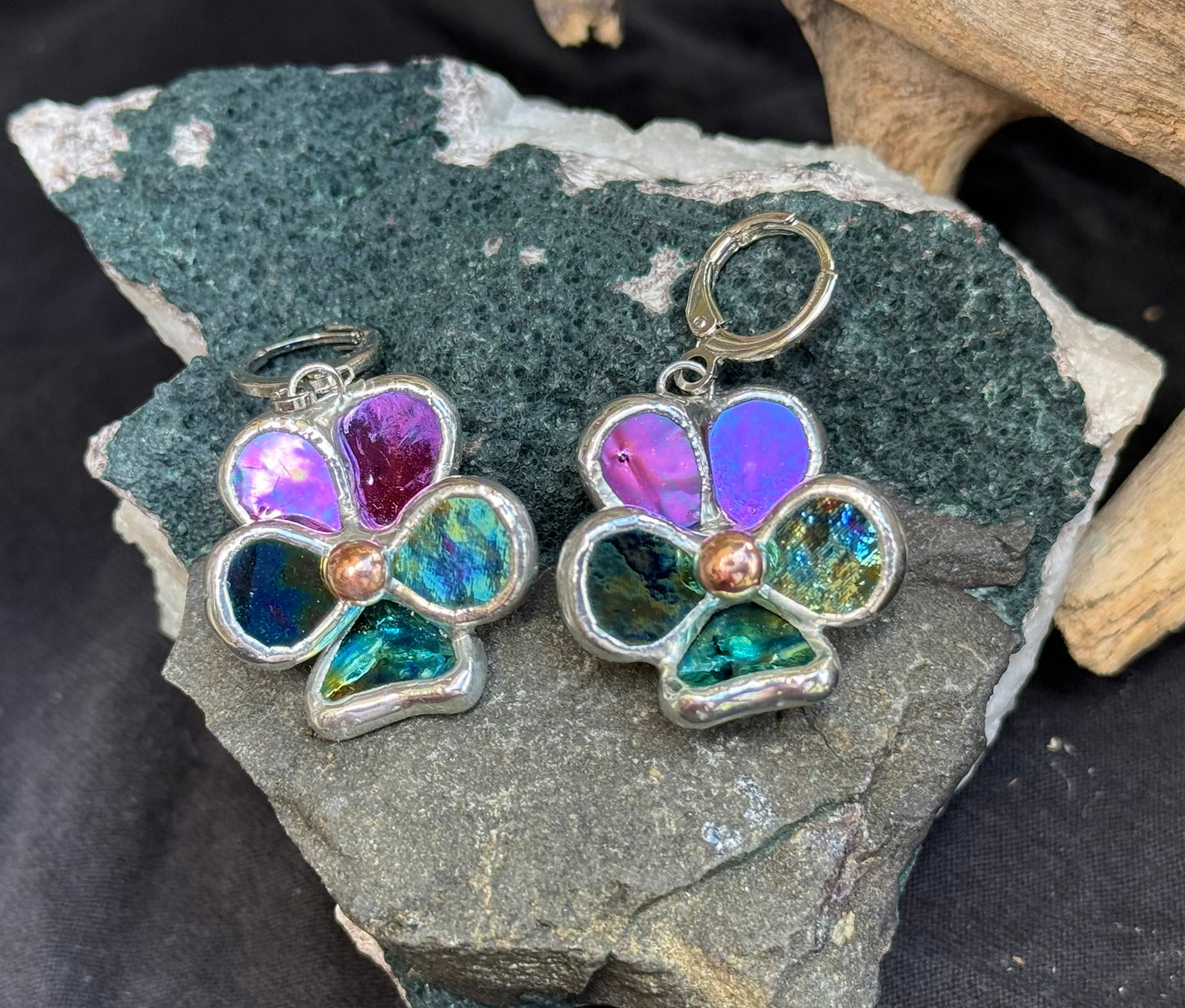 Pansy Earrings Purple lumi &Yellow blue lumi  Handcrafted Stained glass Botanical Art Jewelry