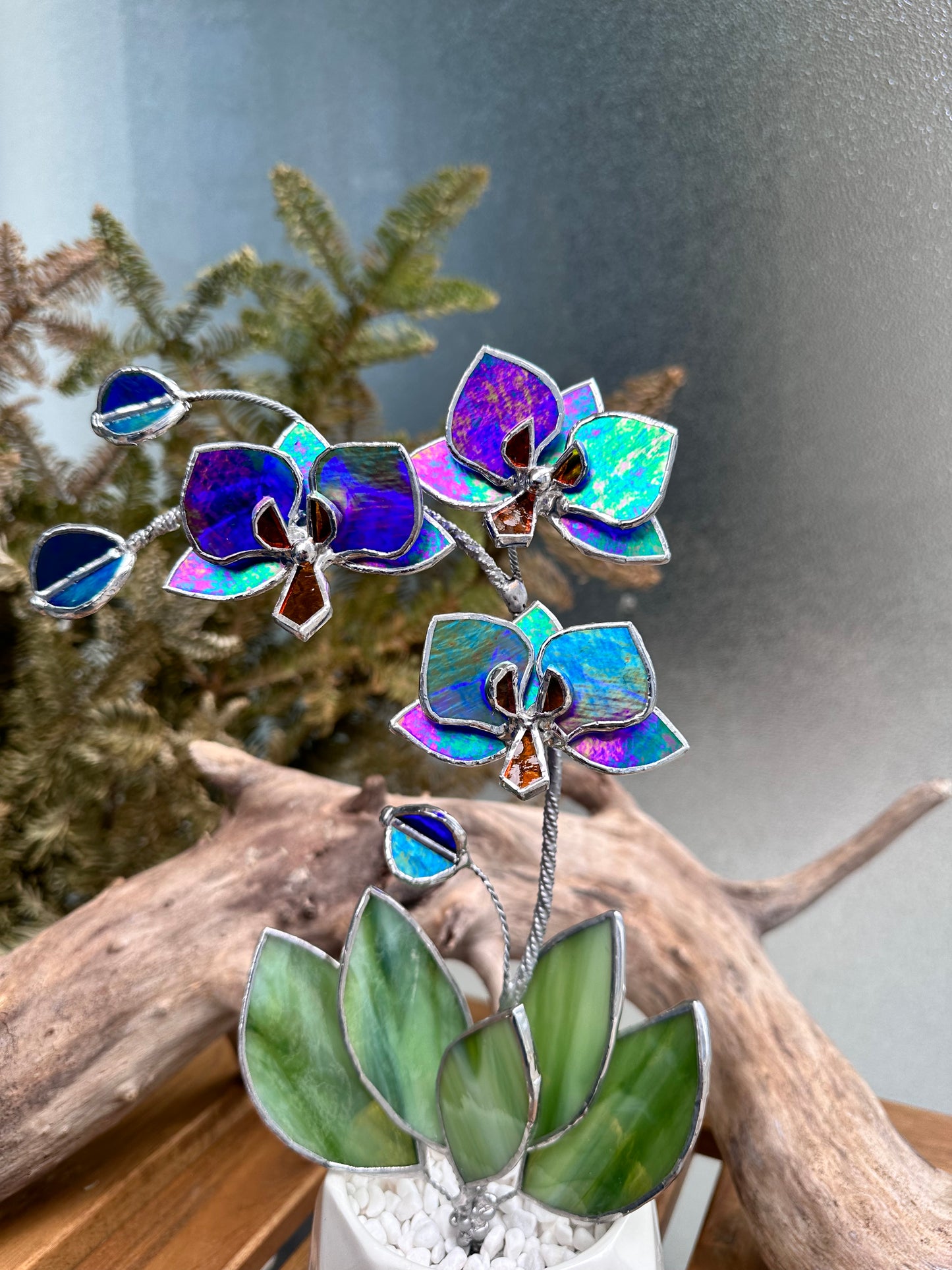 " .Indigo iridescent Orchid 3 flowers with pot” Stained glass tropical flower 3D, Sun catcher, Table plant, Garden stick, Outdoor and gardening decor