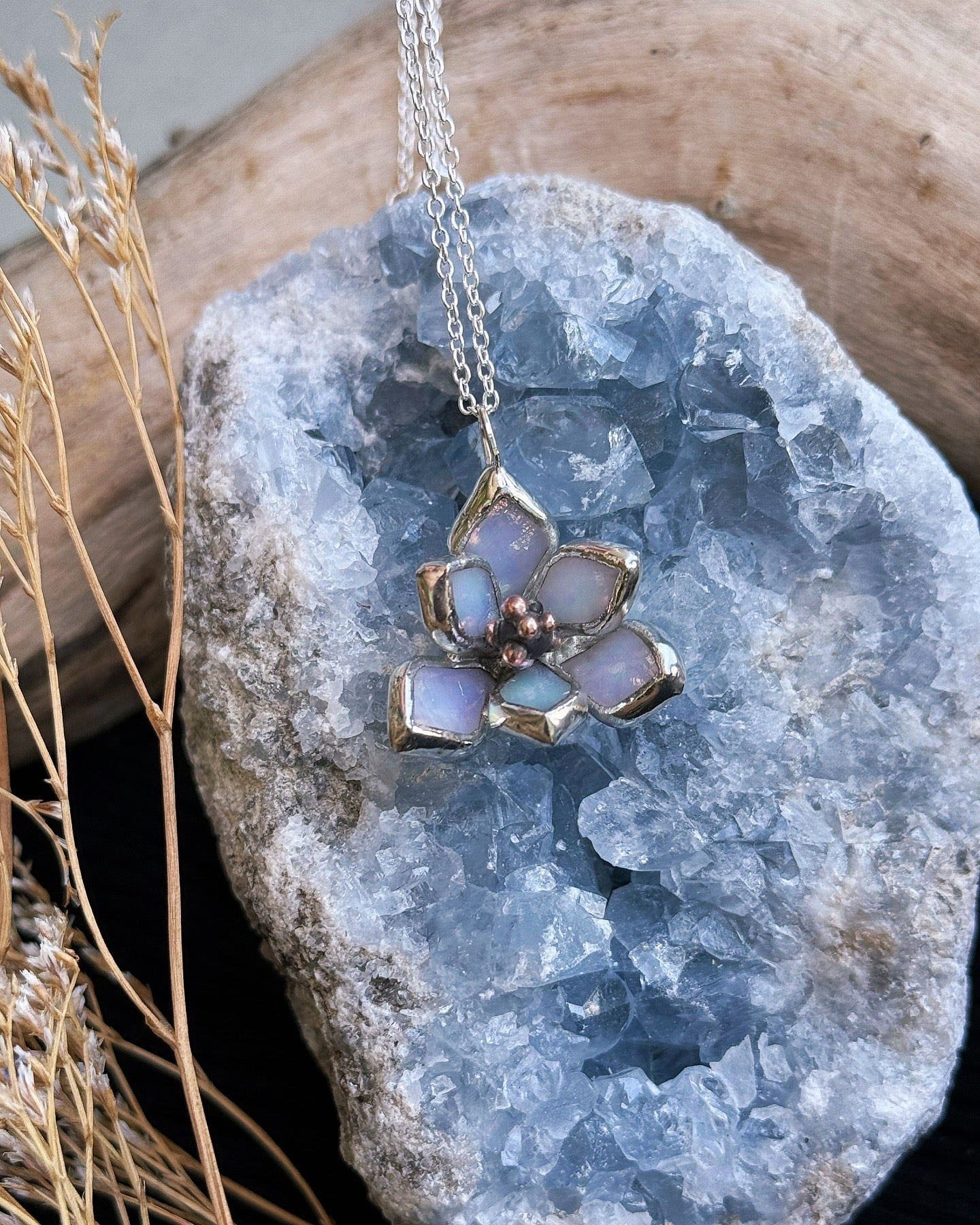 " . Magnolia flower White pearl iridescent Necklace” Stained glass tropical flower 3D, art jewelry