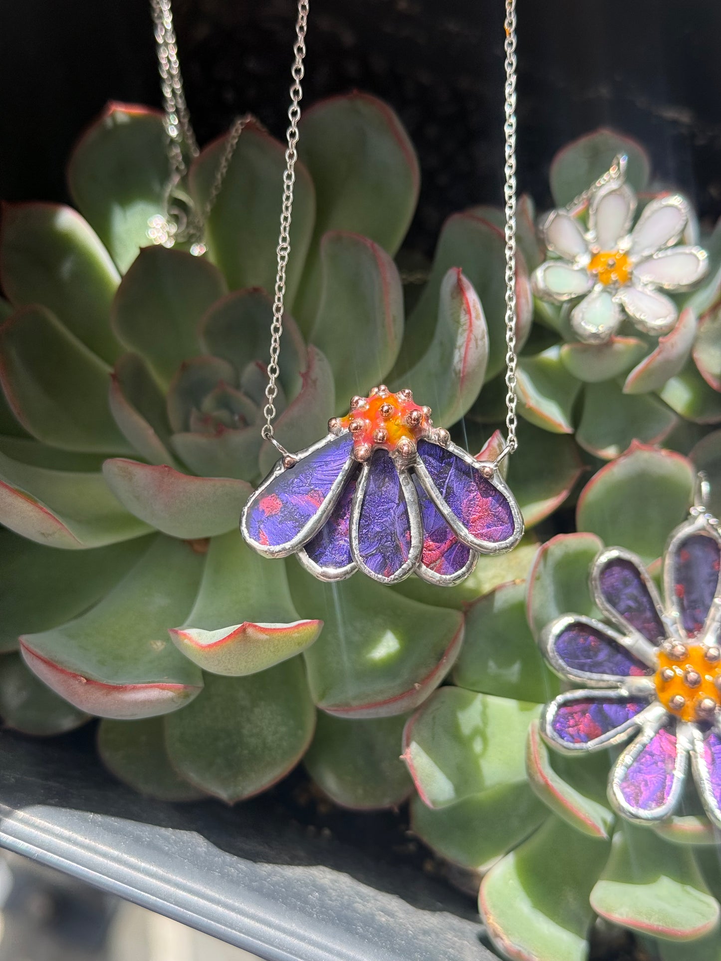 Echinacea Purple & Pink, Stained Glass Necklace or Brooch, Handmade Botanical Jewelry