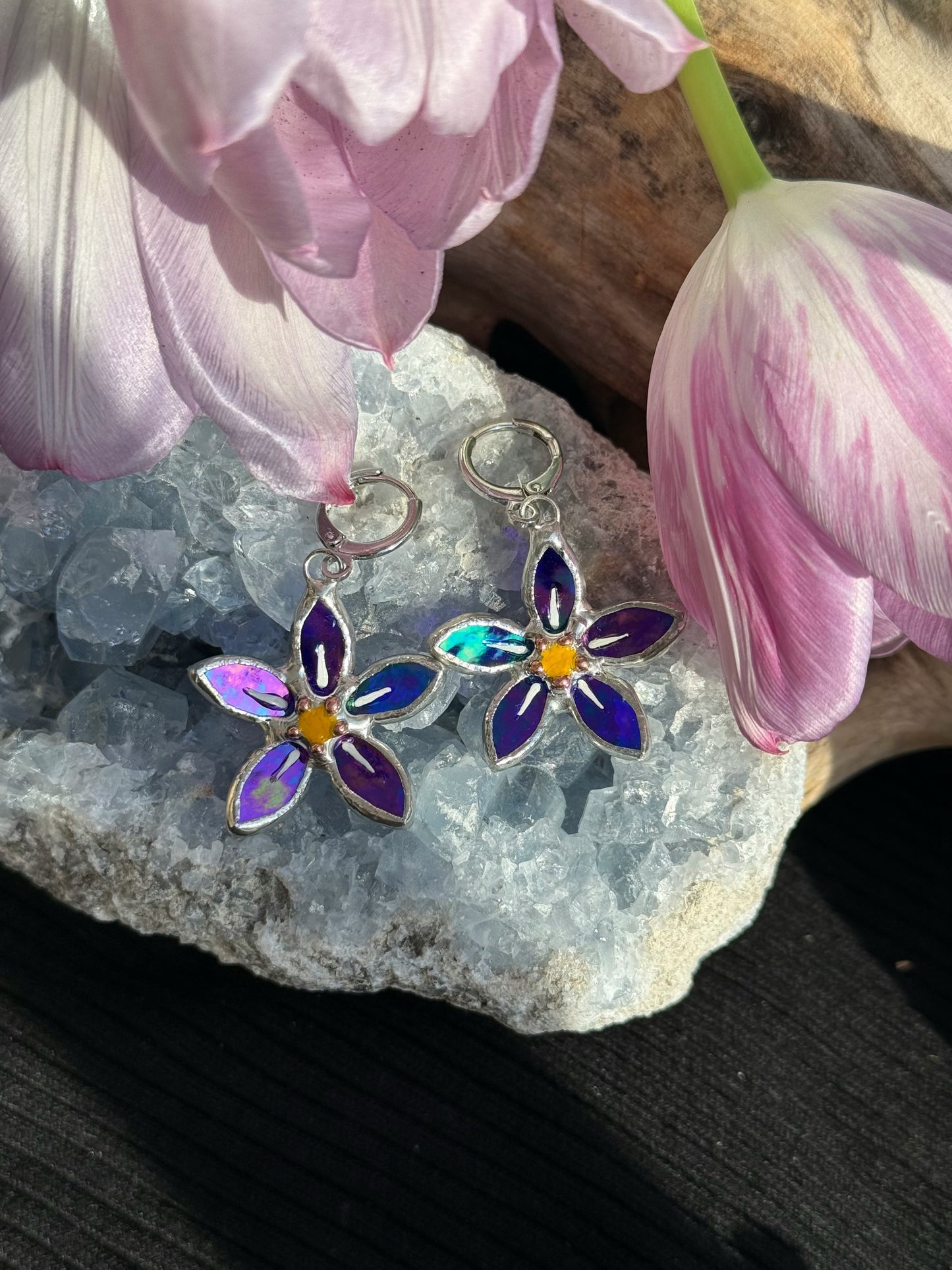 .Forget Me Not Earrings Indigo Luminescent Handcrafted Stained glass Botanical Art Jewelry