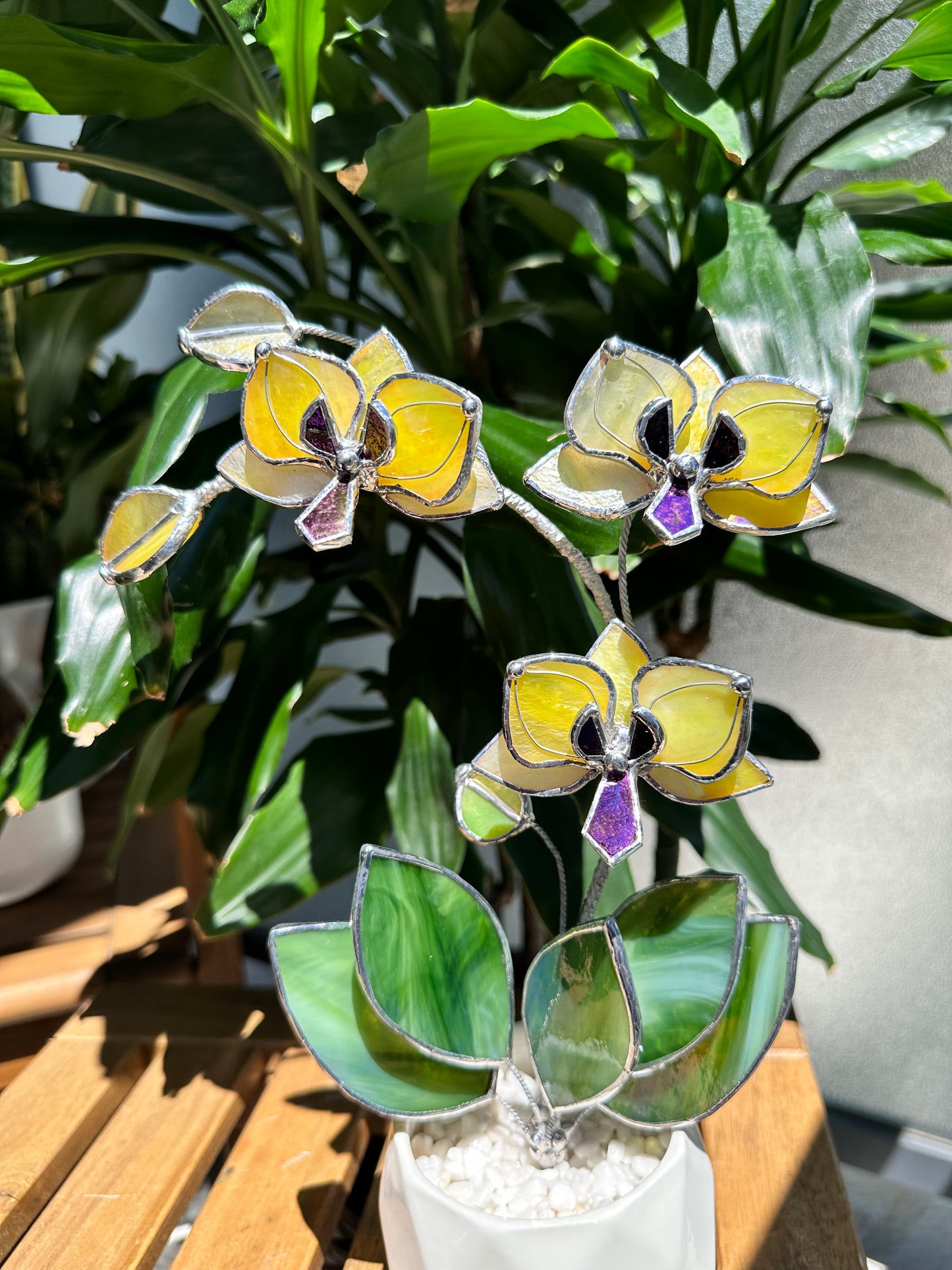 ". Yellow iridescent Orchid 3 flowers with pot” Stained glass tropical flower 3D, Sun catcher, Table plant, Garden stick, Outdoor and gardening decor