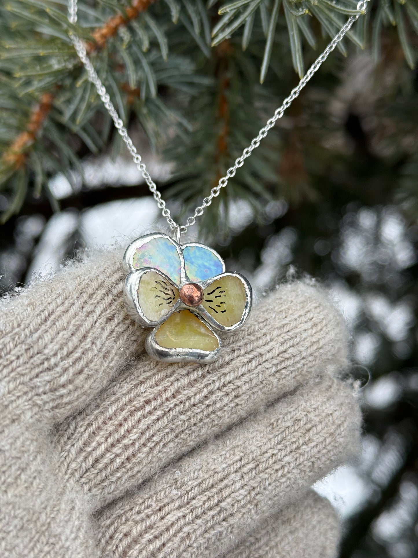 " . Pansy Lavender irid & Yellow irid Necklace” Stained glass tropical flower 3D, art jewelry