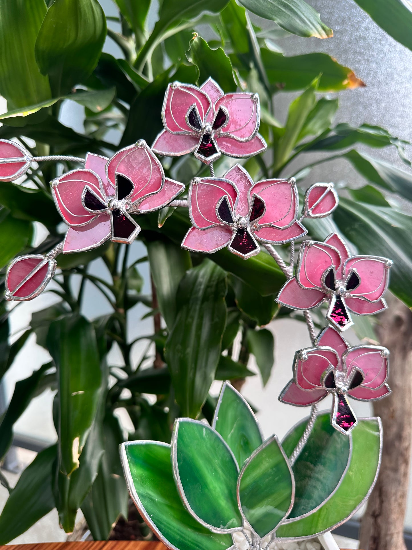 " .Baby Pink Orchid 5 flowers with pot" Stained glass tropical flower 3D, Sun catcher, Table plant, Garden stick, wedding decor, Christmas gift