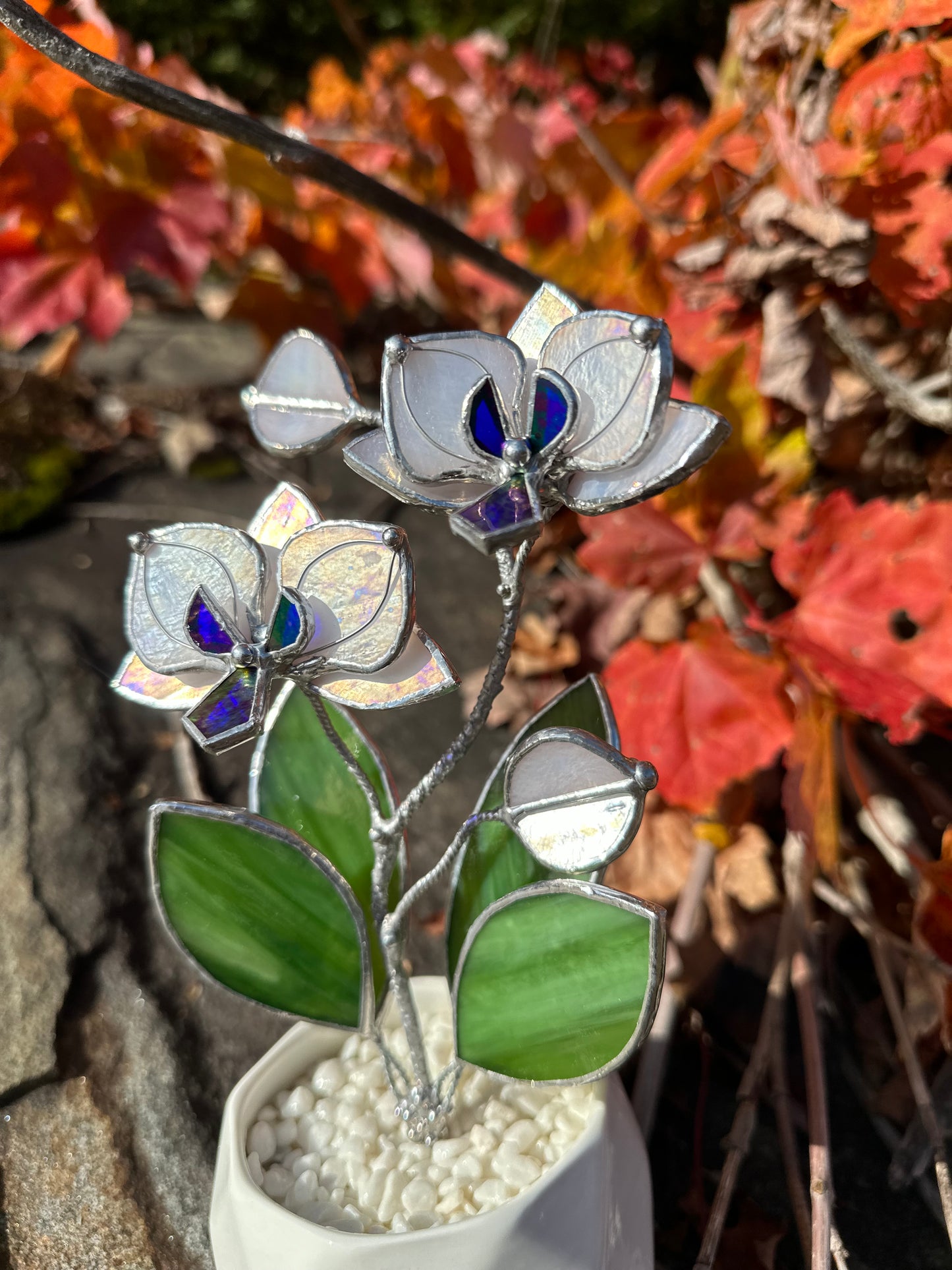 " . Orchid White Pearl iridescent, 2 flowers with pot” Stained glass tropical flower 3D, Sun catcher, Table plant decor, Garden stick, Outdoor and gardening decor