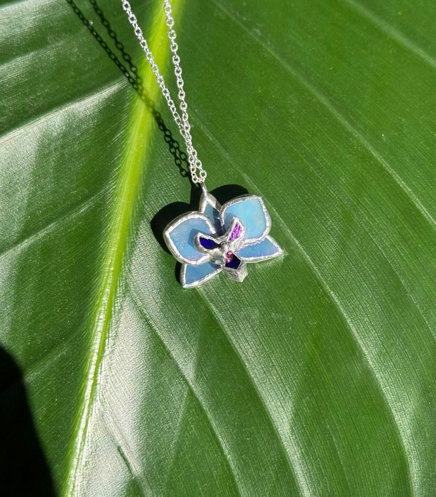 Blue lavender Orchid Irid, Stained Glass Necklace Handmade Botanical Jewelry