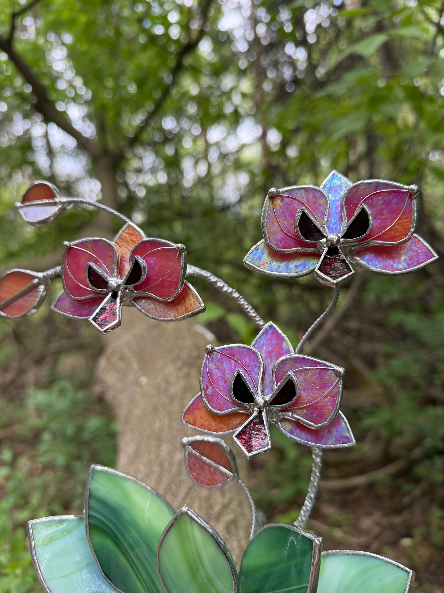 " . Berry red iridescent Orchid 3 flowers with pot” Stained glass tropical flower 3D, Sun catcher, Table plant, Garden stick, Outdoor and gardening decor available new