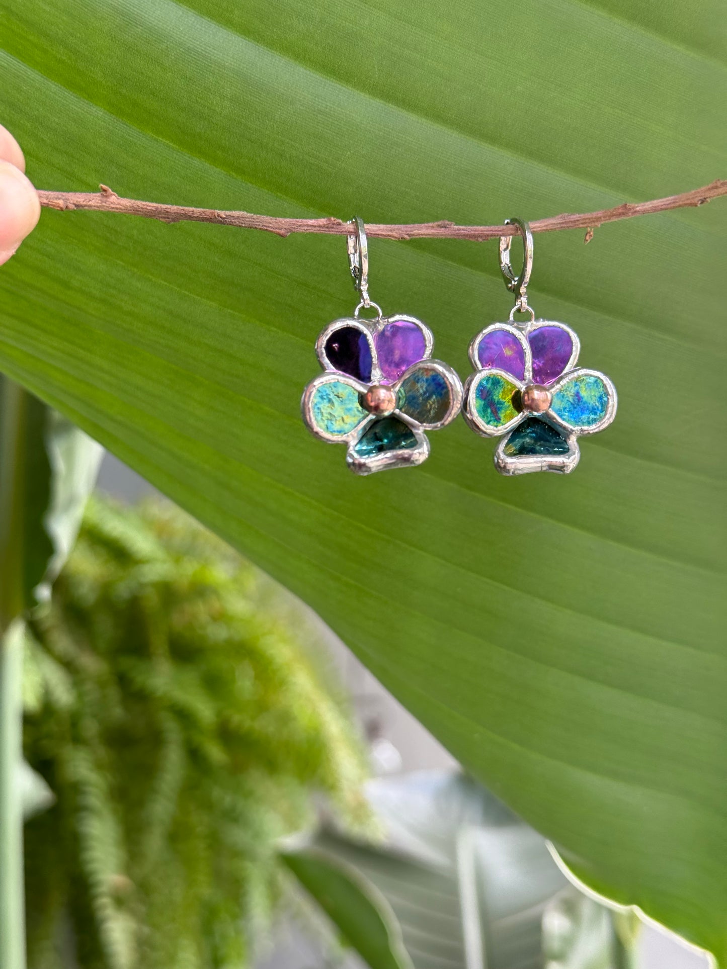 Pansy Earrings Purple lumi &Yellow blue lumi  Handcrafted Stained glass Botanical Art Jewelry