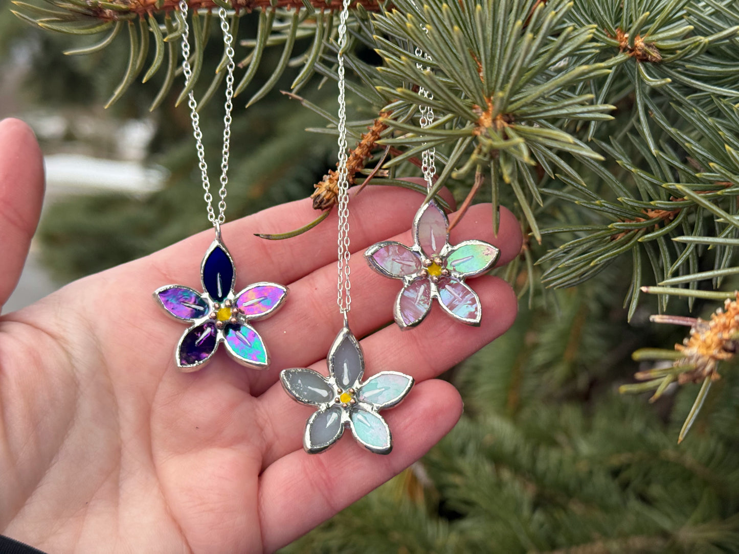 CHOOSE COLOR Necklace Stained glass Forget Me Not flower, Modern jewelry