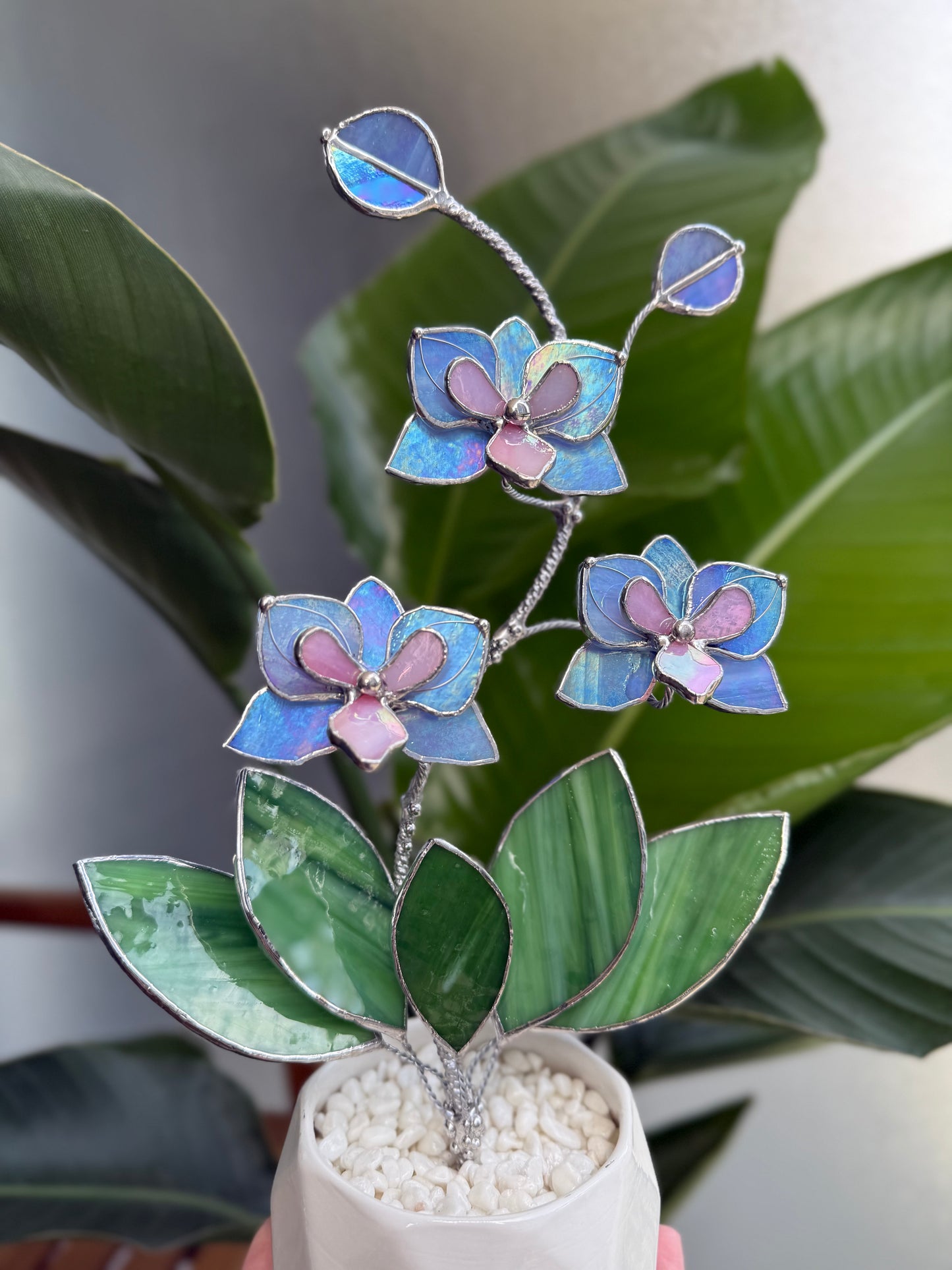 .Blue Lavender Orchid in a pot, 3 flowers Botanical Stained Glass Modern Art Decor new
