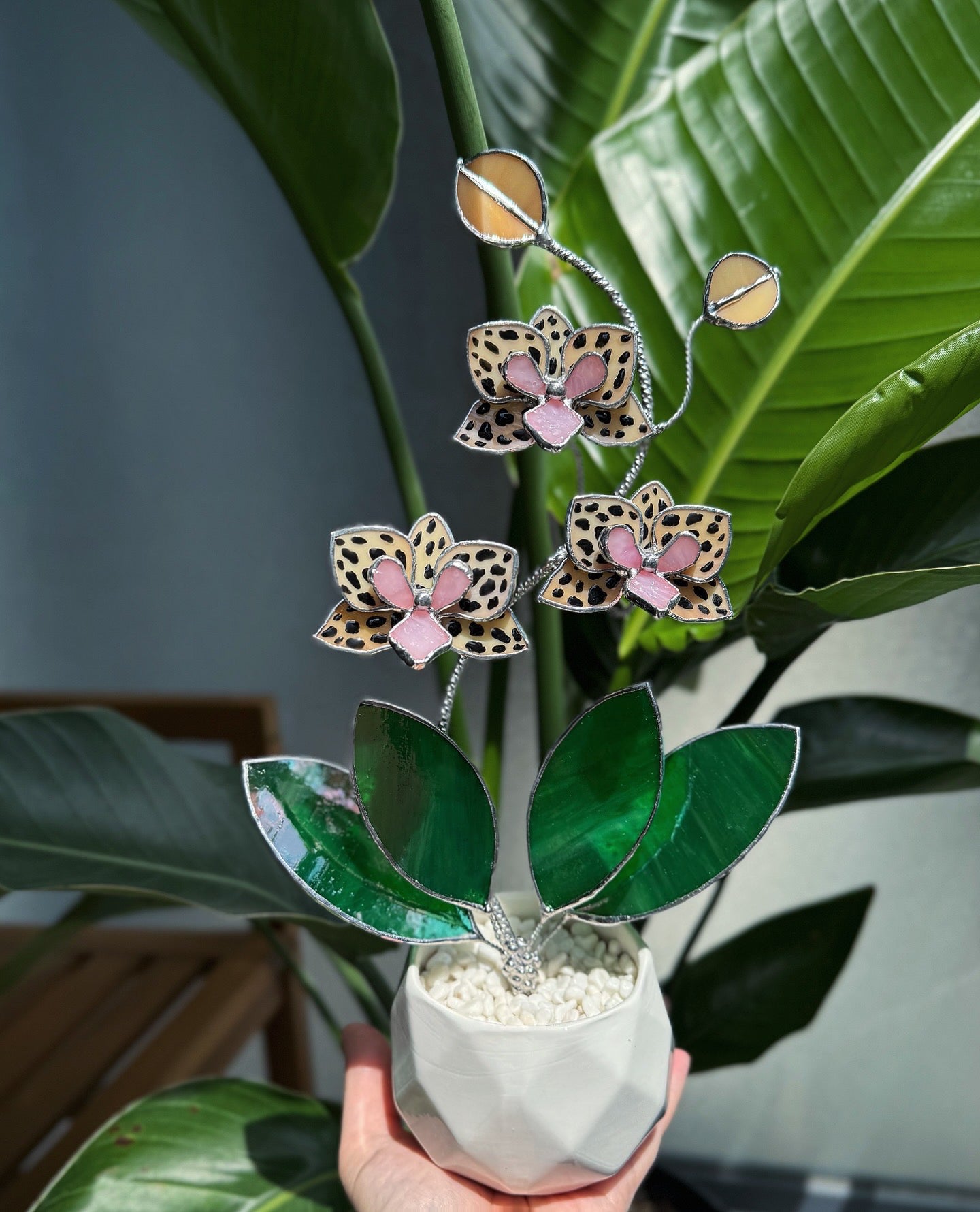 .Hand Painted Tiger Orchid in a pot, 3 flowers Botanical Stained Glass Modern Art Decor new