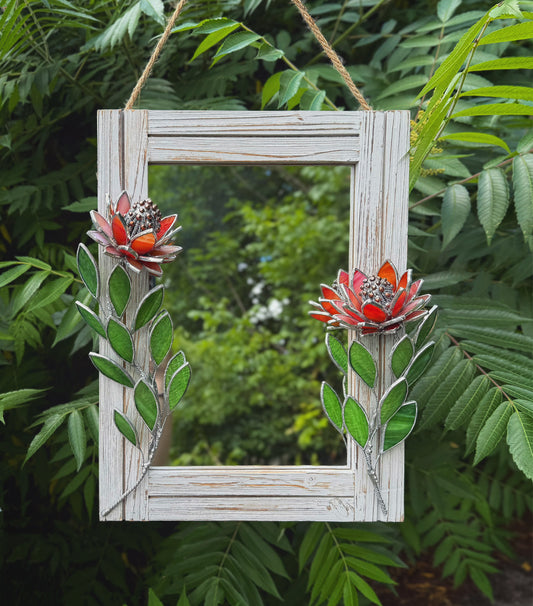 " . Red iridescent Protea Flower Mirror, Stained glass Wedding Wall Decor, Christmas gift, Suncatcher, available