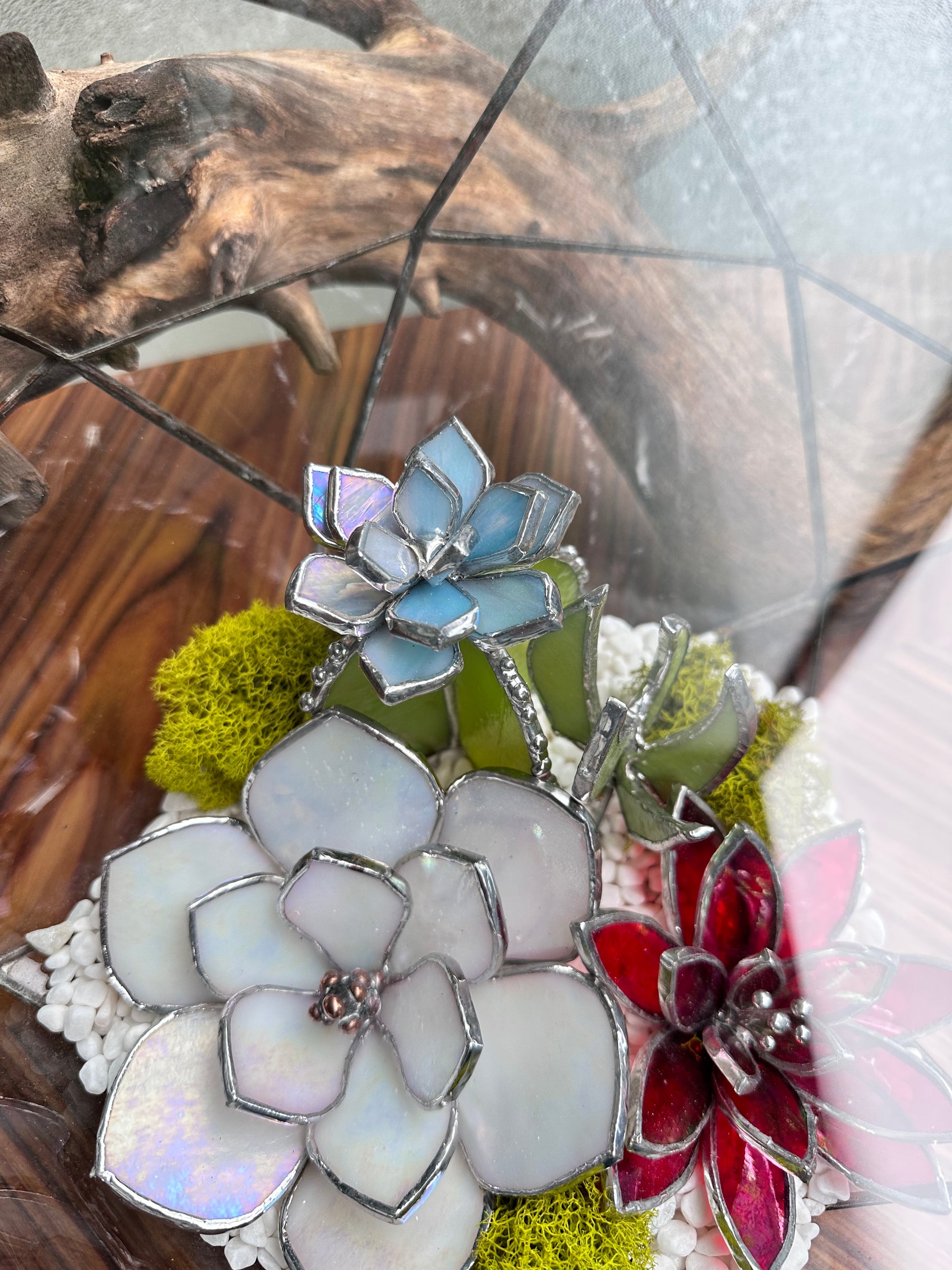 Geometric glass 3D terrarium with stained glass plants , Wedding 