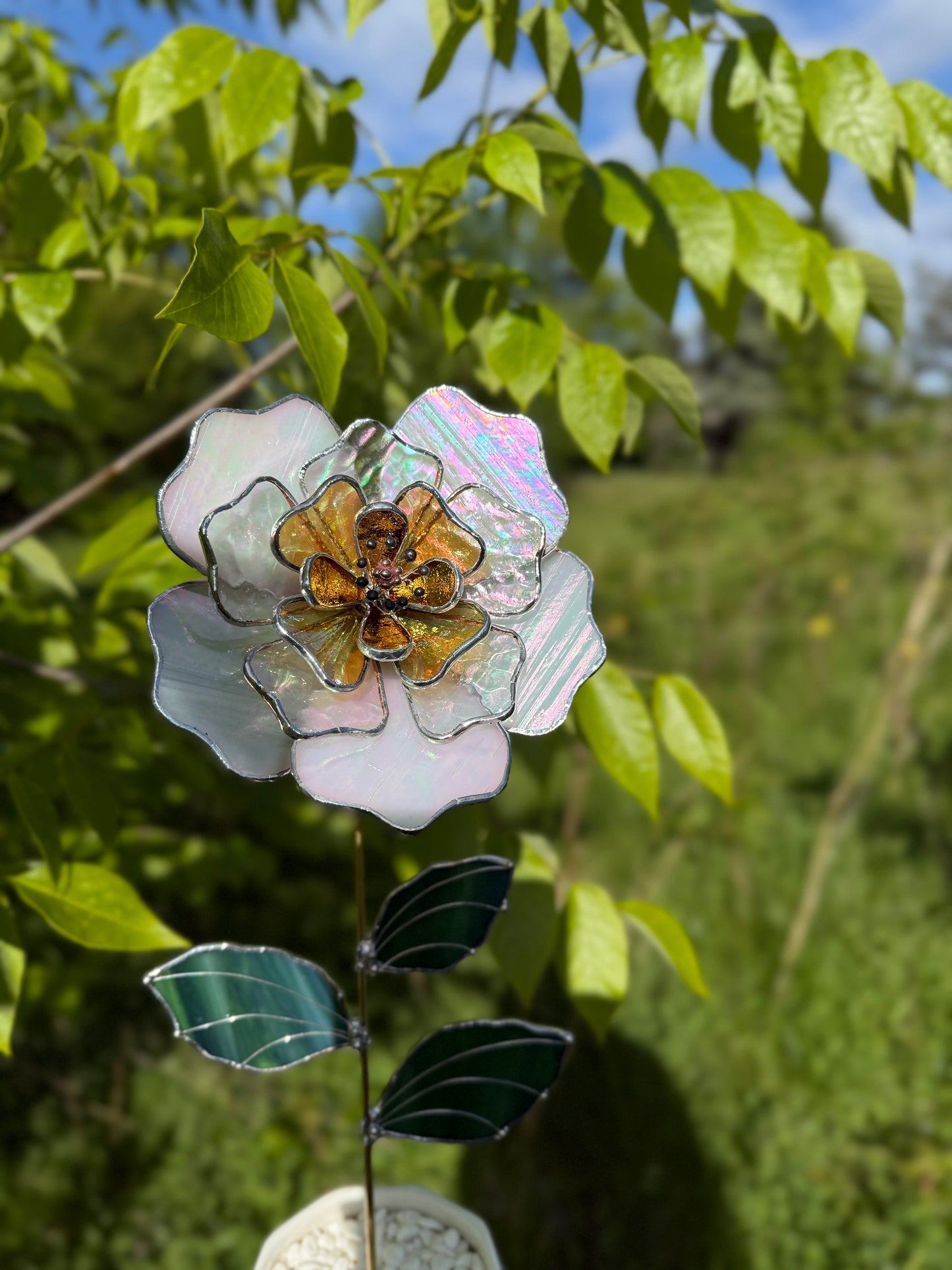 " . Beautiful Peony White & yellow iridescent Stained glass flower, tropical 3D Sun catcher, Table plant decor, wedding gift, available new