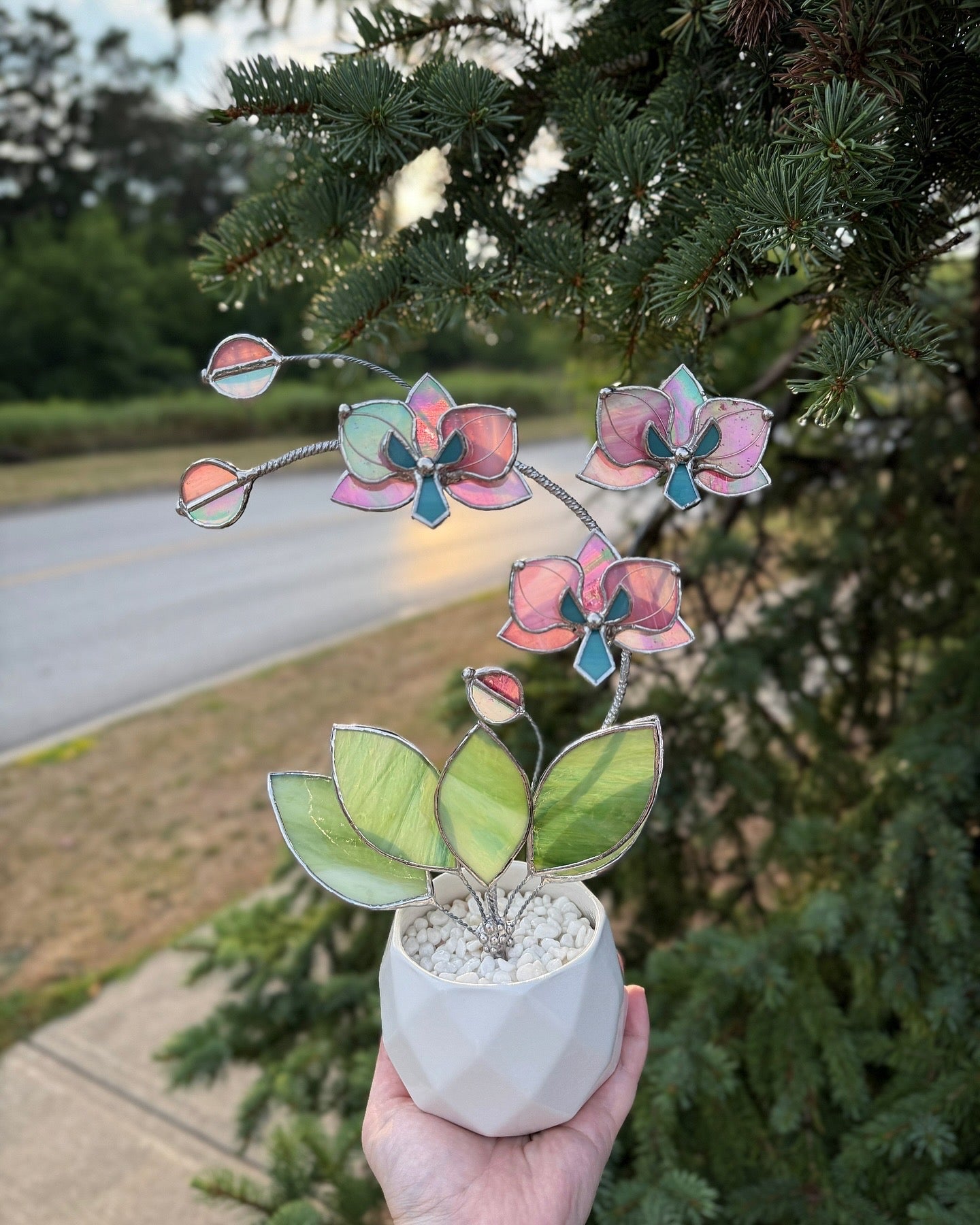 " . Candy Pink iridescent Orchid 3 flowers with pot” Stained glass tropical flower 3D, Sun catcher, Table plant, Garden stick, Outdoor and gardening decor