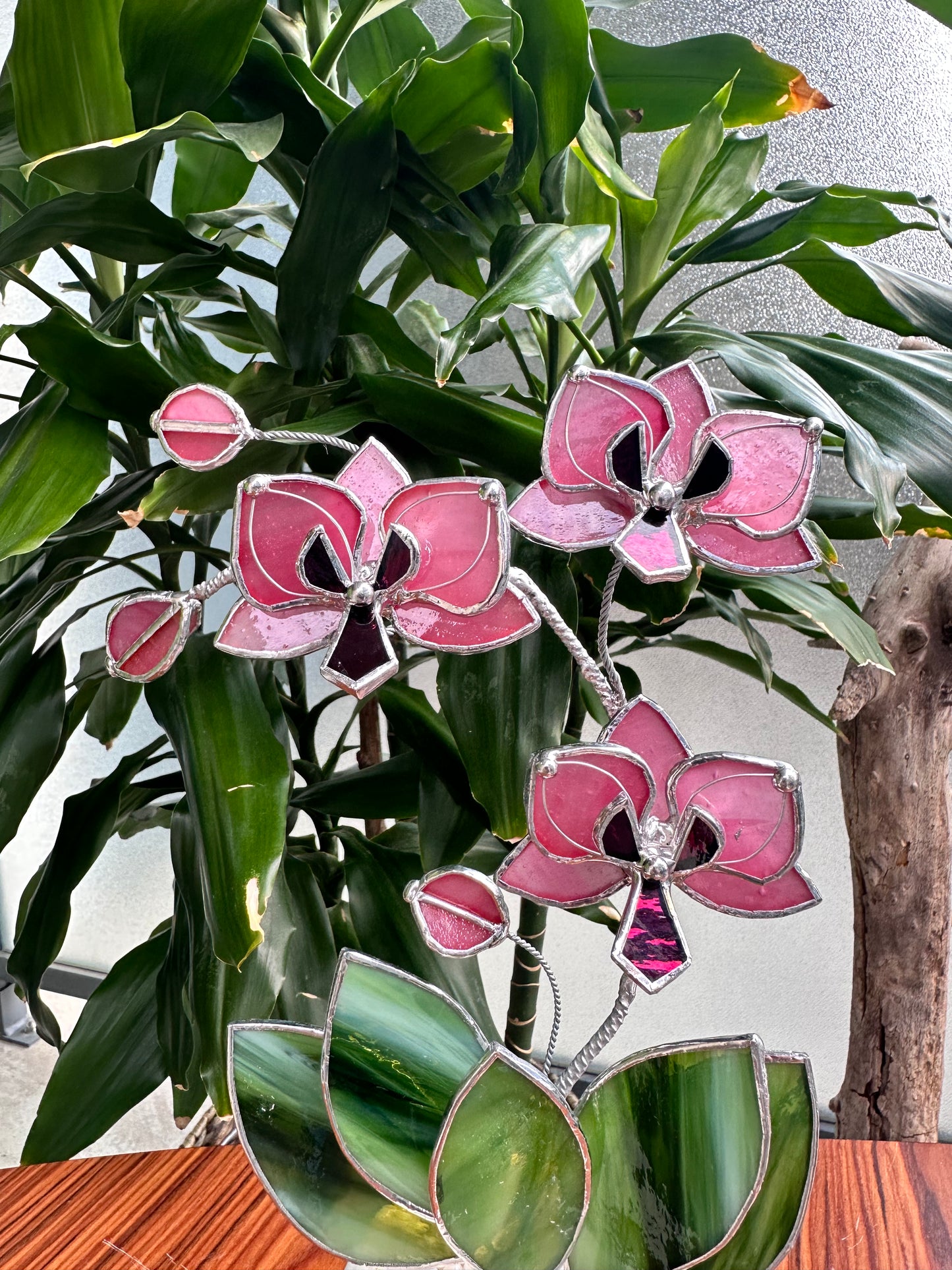 ". Baby Pink Orchid 3 flowers with pot” Stained glass tropical flower 3D, Sun catcher, Table plant, Garden stick, Outdoor and gardening decor