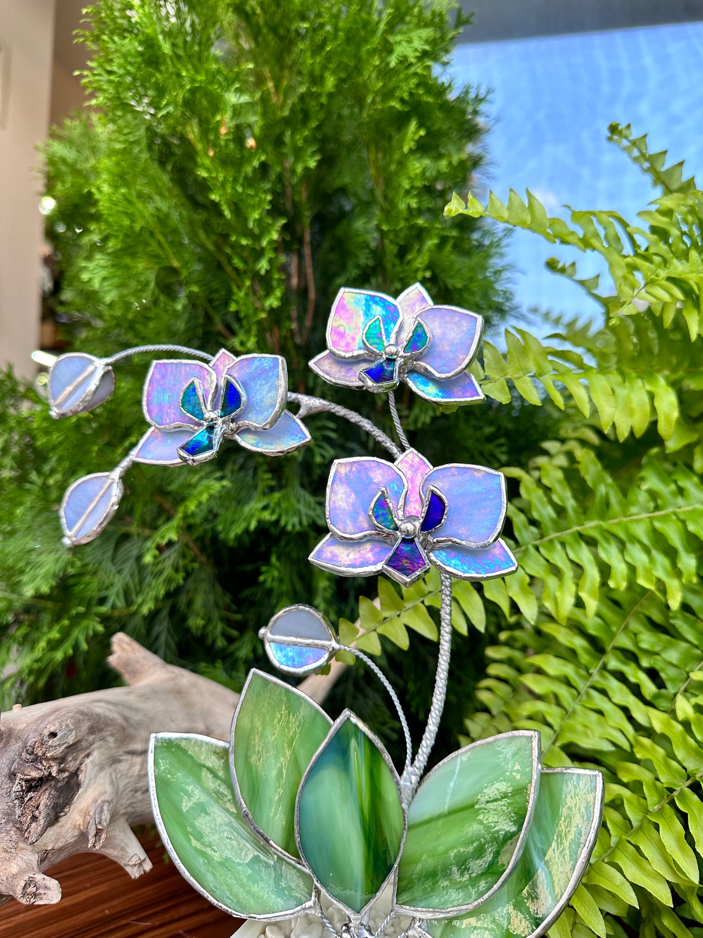 " . Lavender iridescent Orchid 3 flowers with pot” Stained glass tropical flower 3D, Sun catcher, Table plant, Garden stick, Outdoor and gardening decor