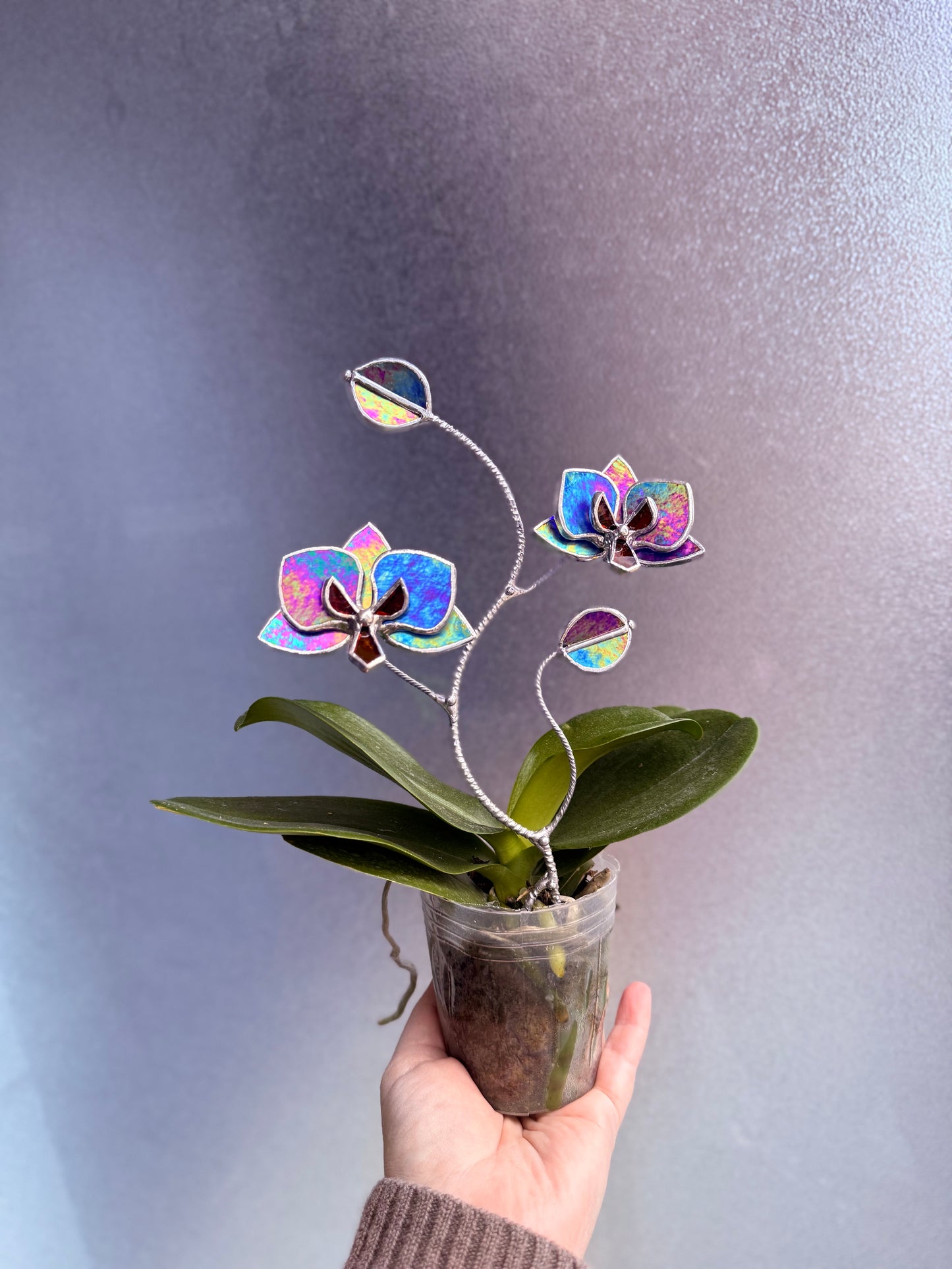 " . CHOOSE COLOR Orchid flower stick, Plant stake 2 flowers no pot” Stained glass tropical flower 3D, Sun catcher, Table plant, Garden stick, Outdoor and gardening decor