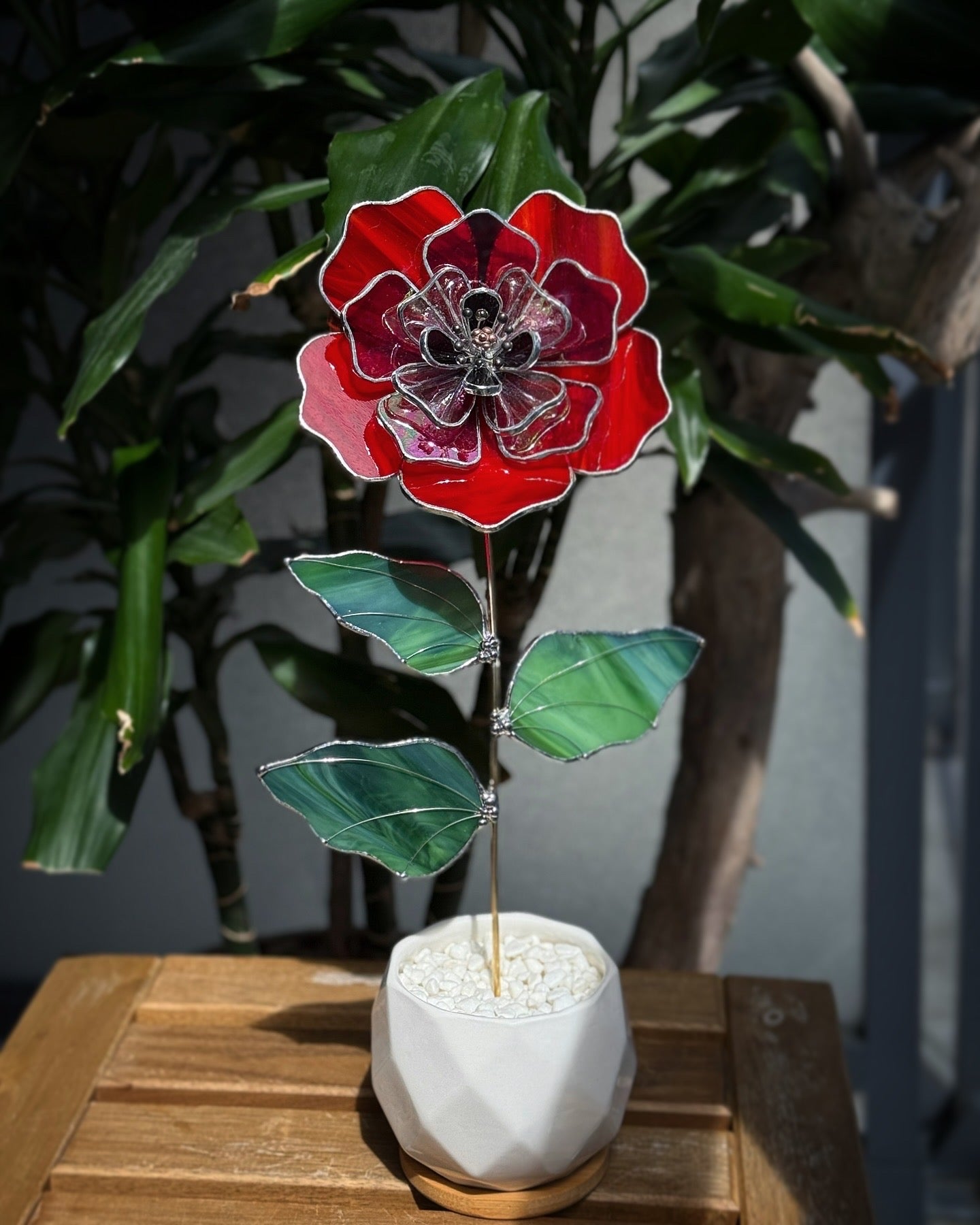 " . Beautiful Red Peony Iridescent", Stained glass tropical flower 3D, Sun catcher, Table plant decor, Garden stake, wedding decor, Christmas gift poppy