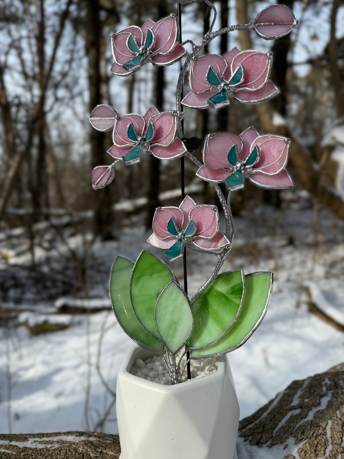 " . Bright Pink Orchid 6 flowers with pot" 2025 design, Stained glass tropical flower 3D, Sun catcher, Table plant, Garden stick, wedding decor, Christmas gift