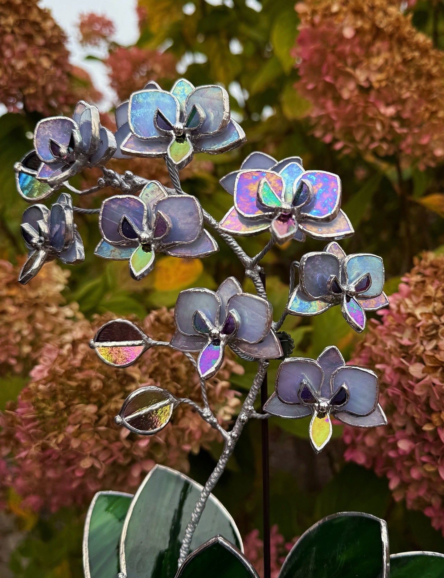 "  . Stained glass Orchid Lavender iridescent, double sided, 10 flowers with pot”, Stained glass tropical flower 3D, Suncatcher, Table plant decor