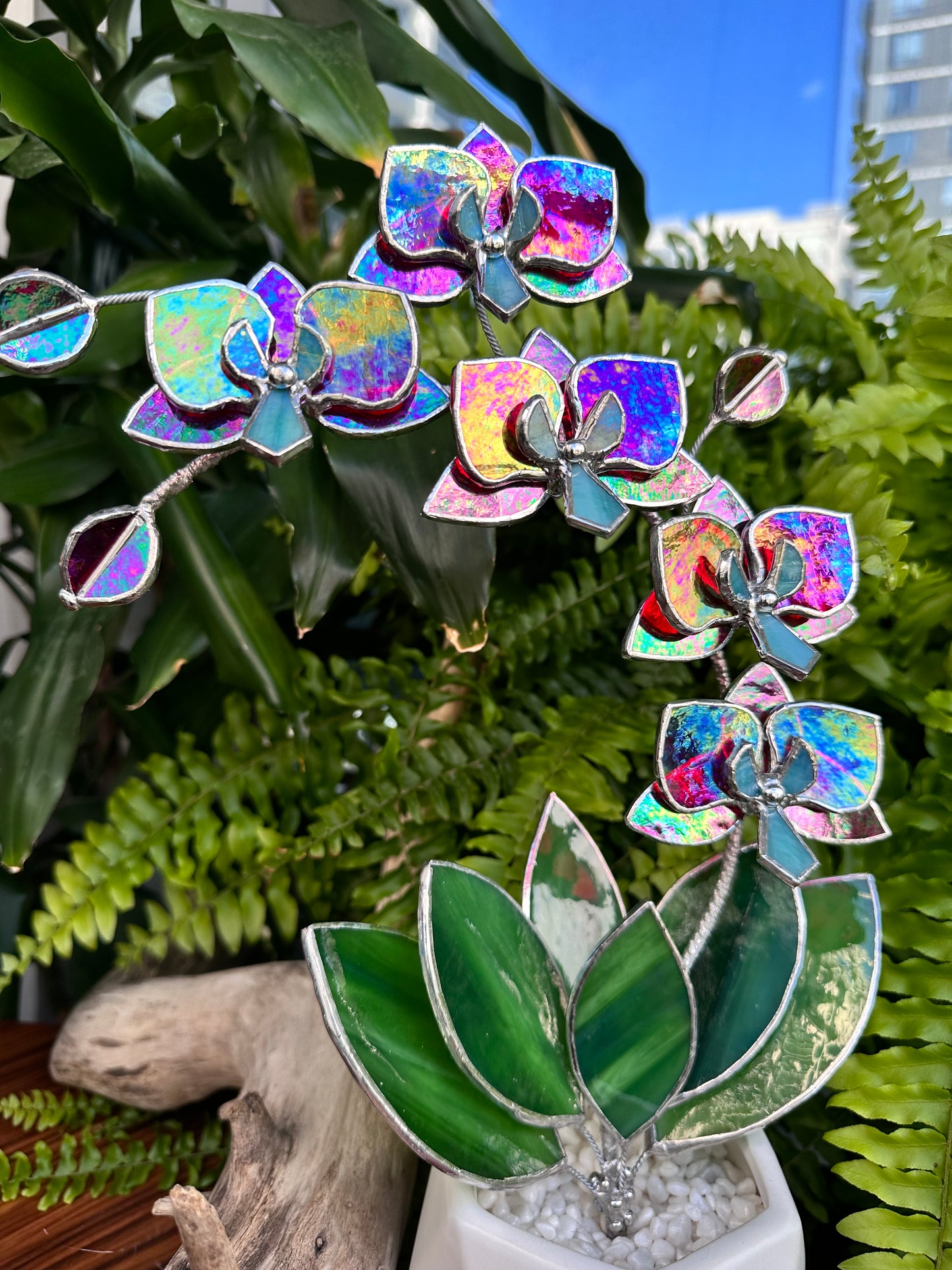 " . Red transparent iridescent Orchid 5 flowers with pot" Stained glass tropical flower 3D, Sun catcher, Table plant, Garden stick, wedding decor, Christmas gift