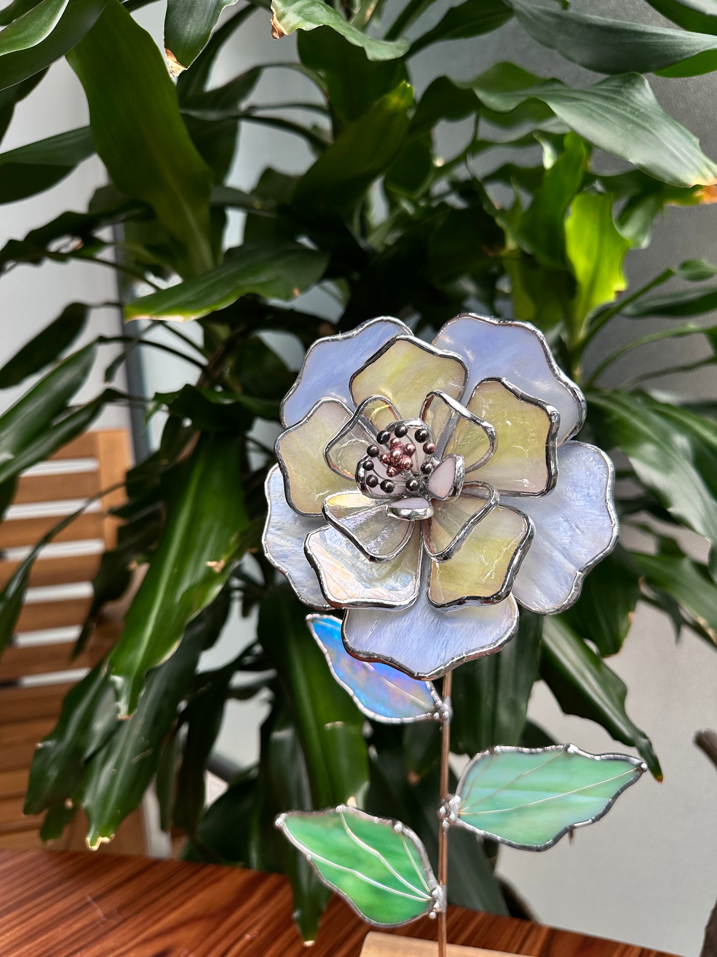 " . Lavender & yellow irid Peony Stained glass flower, tropical 3D Sun catcher, Table plant decor, wedding gift, available