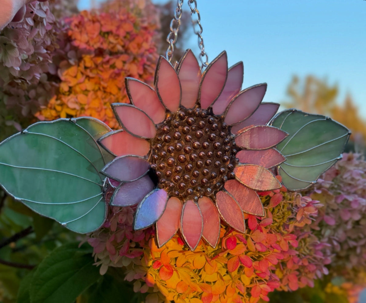 Delicate Pink Sunflower Stained Glass Sun catcher, Wall Art Decor ready
