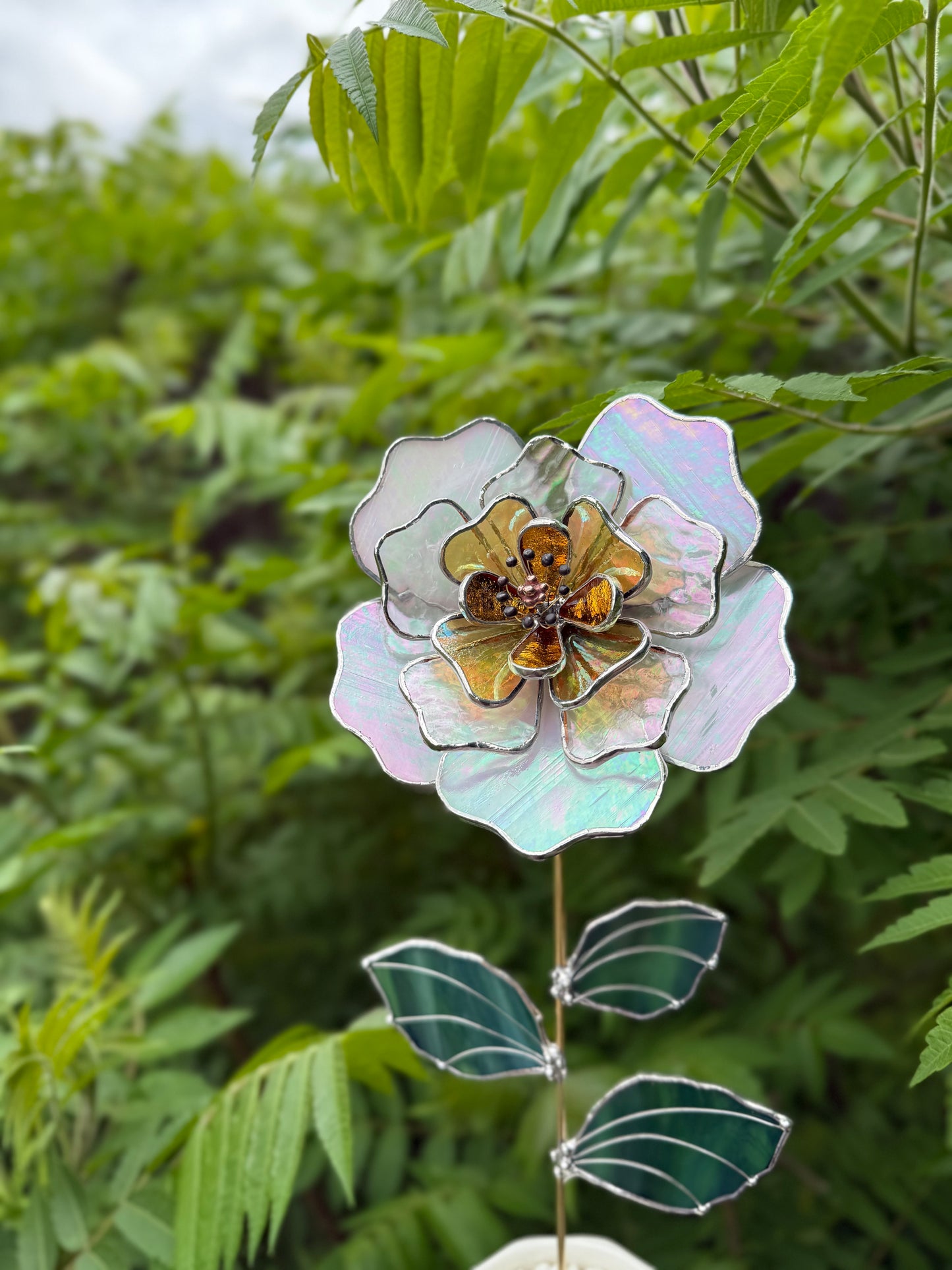 " . Beautiful Peony White & yellow iridescent Stained glass flower, tropical 3D Sun catcher, Table plant decor, wedding gift, available new
