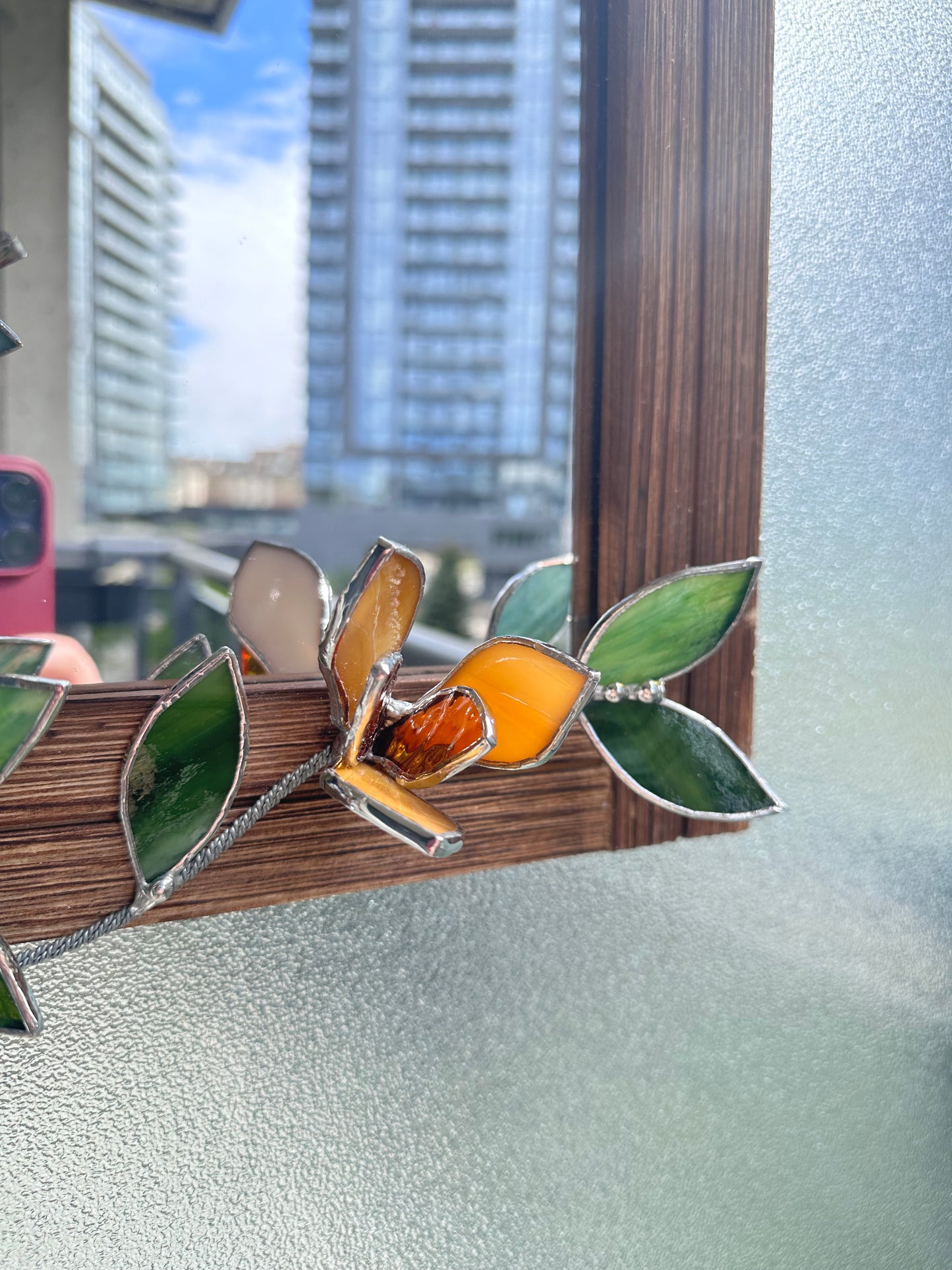 " . Amber Magnolia Flower Mirror, Stained glass Wedding Wall Decor, Christmas gift, Suncatcher