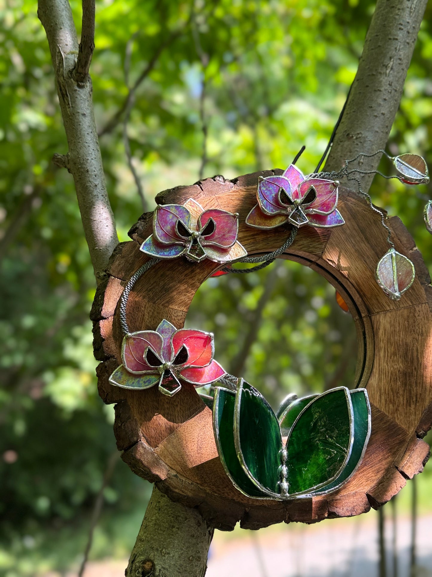 " . Berry red iridescent Orchid Mirror" Stained glass flower Wall decor.  Sun catcher Wooden frame Home wedding Decor Art. Christmas gift