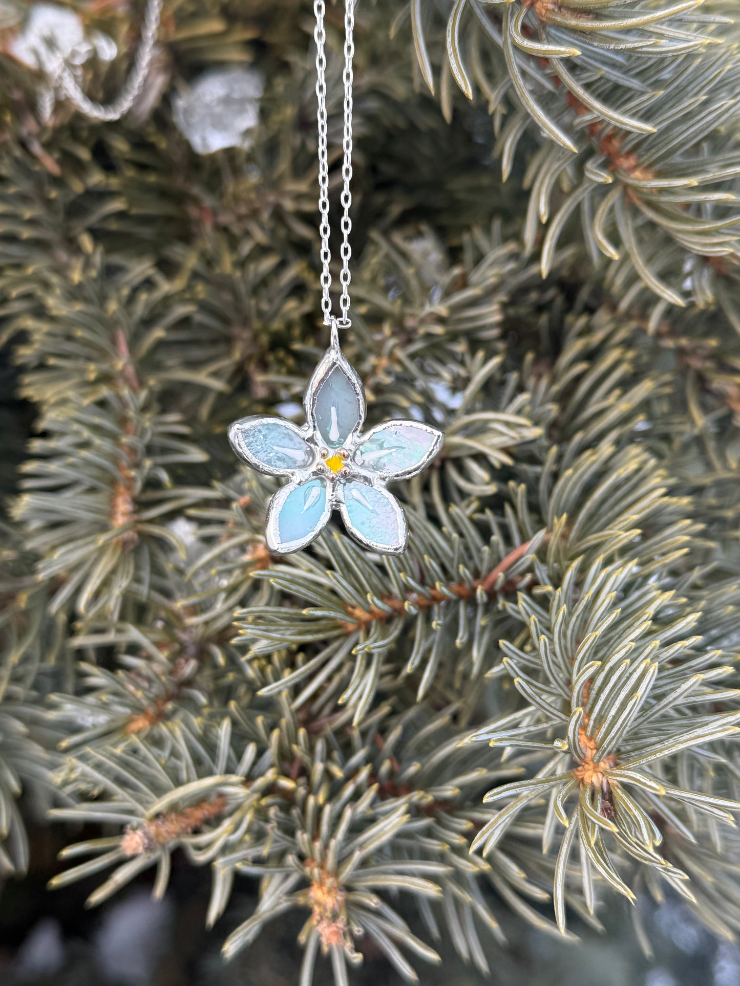 " . Necklace Stained glass Forget Me Not flower Light Blue iridescent , Modern art, jewelry
