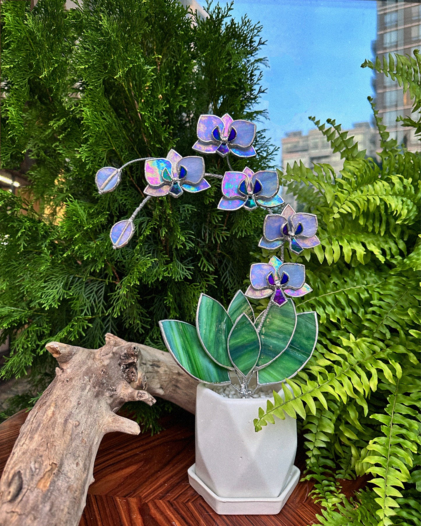 " . Lavender iridescent Orchid 5 flowers with pot" Stained glass tropical flower 3D, Sun catcher, Table plant, Garden stick, wedding decor, Christmas gift