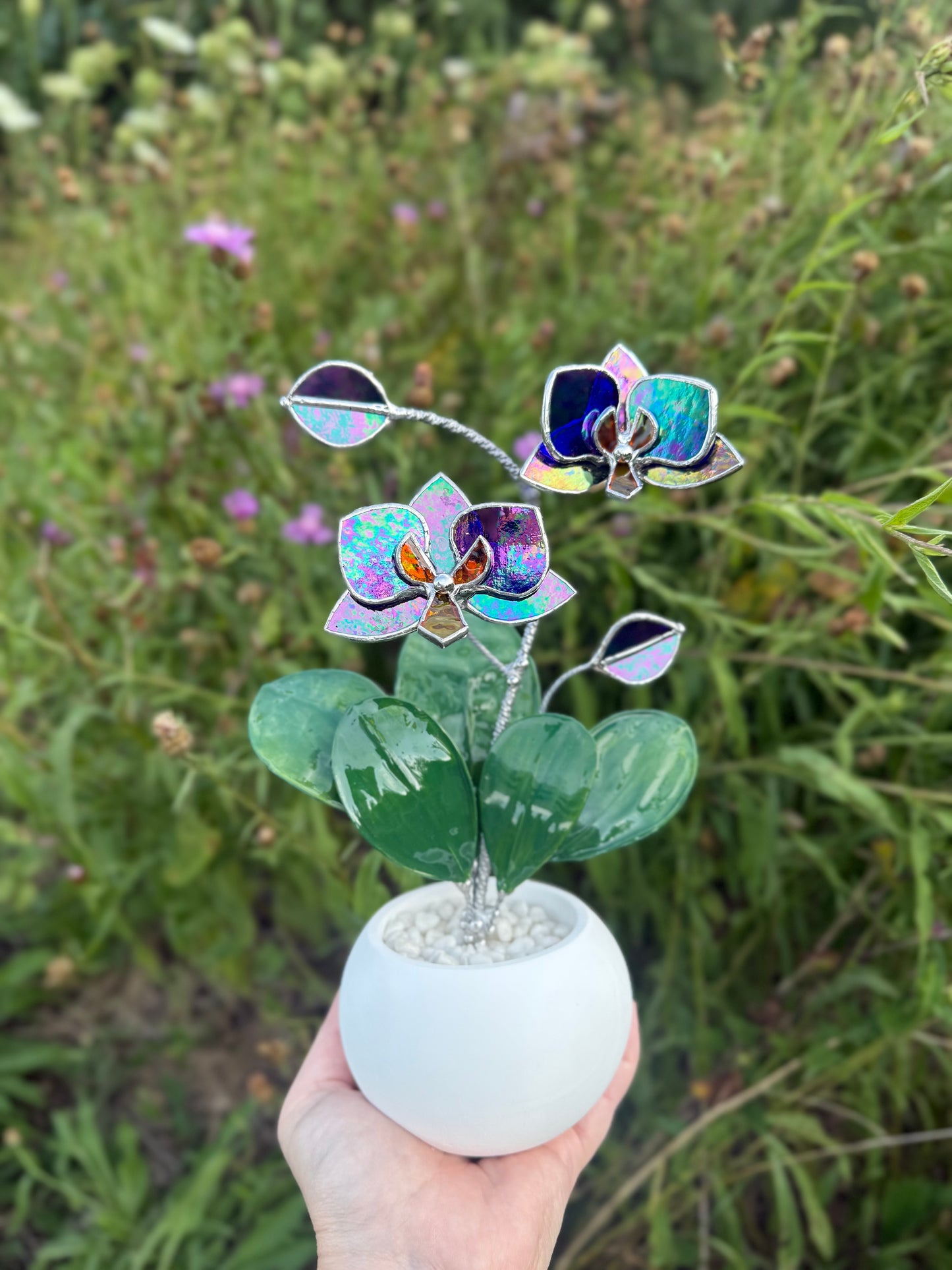 Indigo iridescent Artificial Orchid WITH RESIN Hand painted LEAVES 2 flowers with bud in a Pot, Botanical Art Sculpture