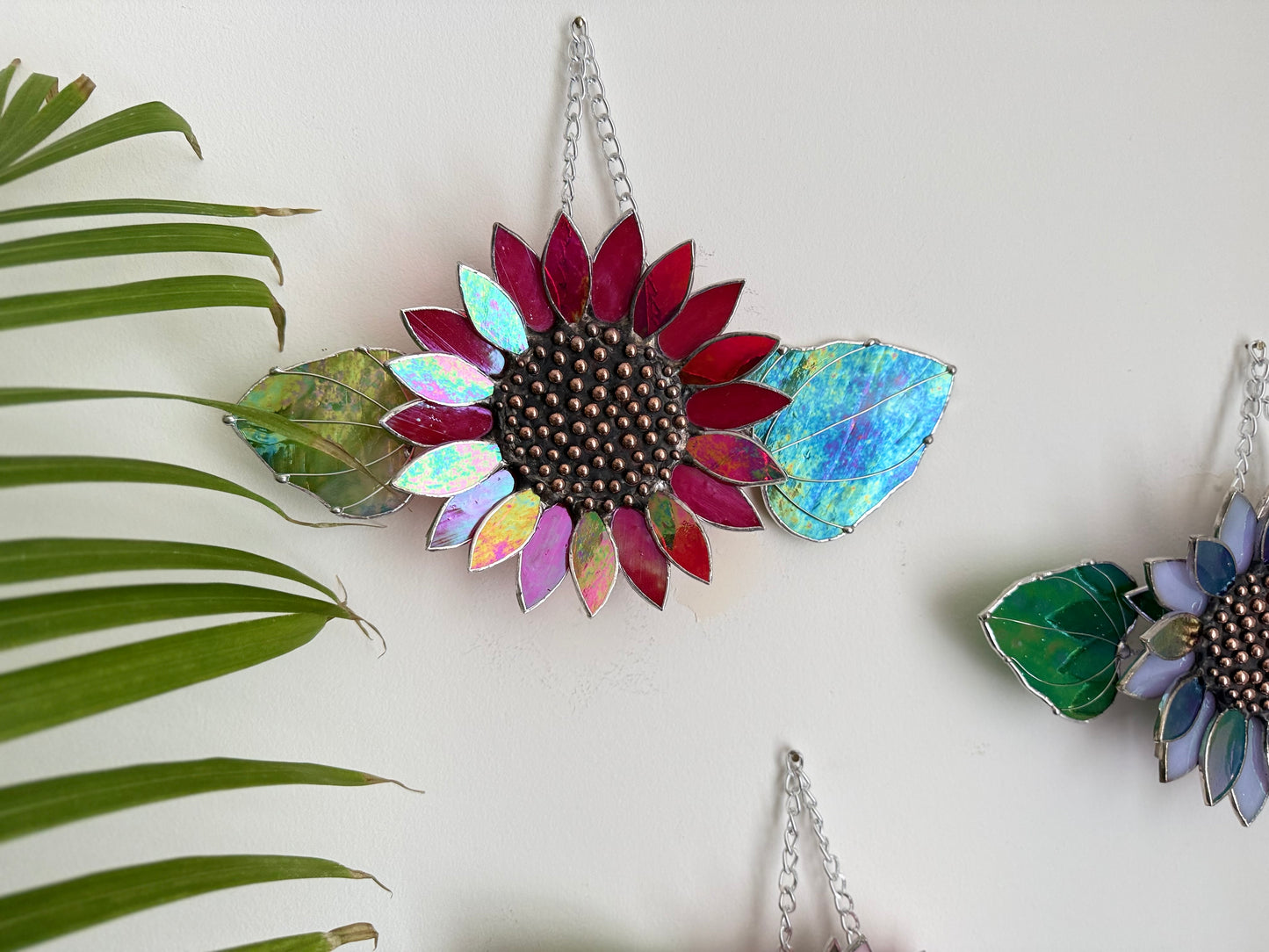 Sunflower Ruby Red, Stained Glass Suncatcher, Wall Art Decor ready