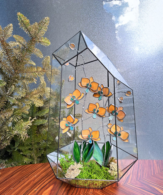 " .Geometric glass 3D terrarium Asymmetrical with stained glass orchids. Wedding glass decor, Mother’s Day  gift, glass art, suncatcher, succulents, cacti