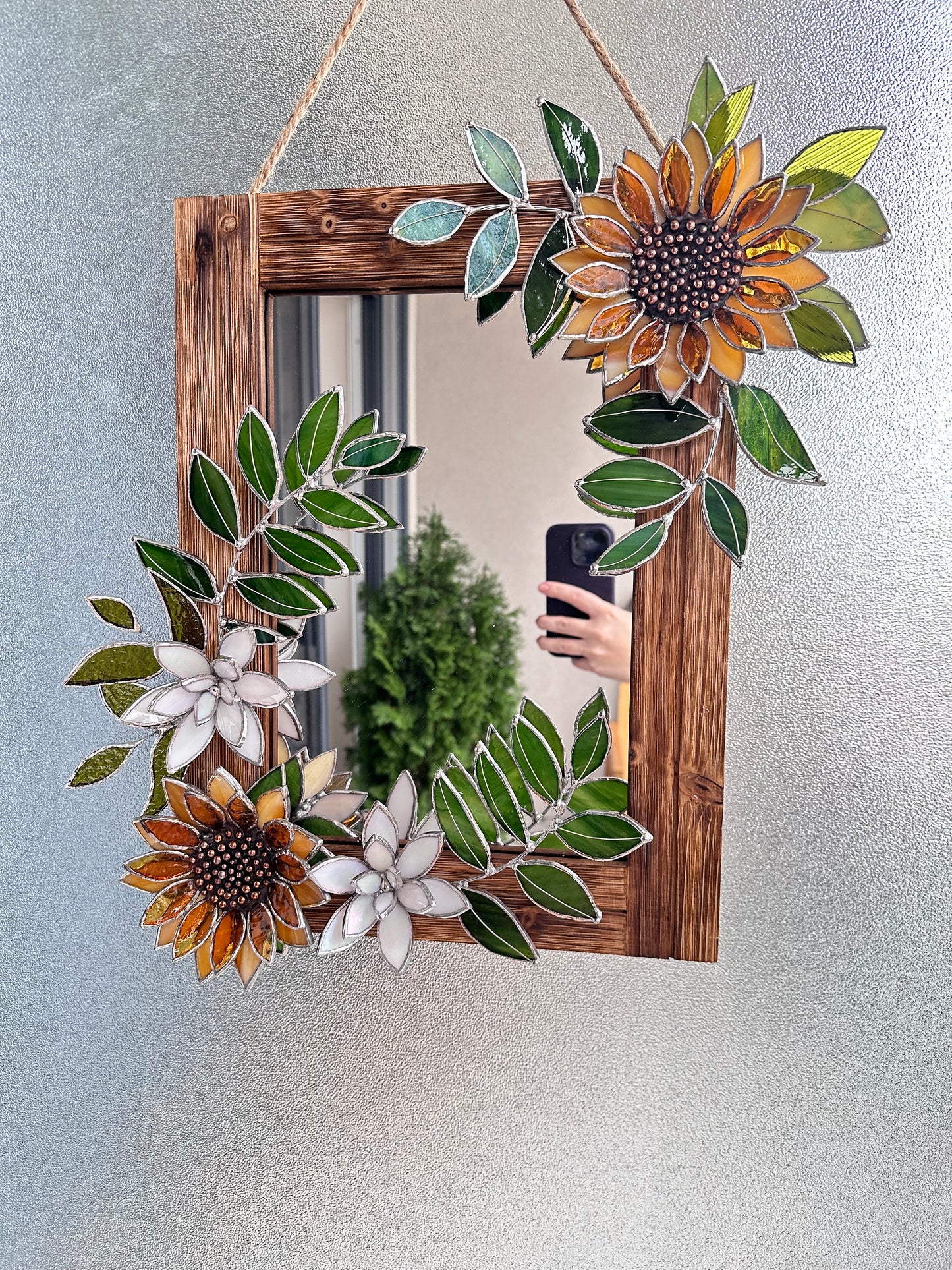 " . Golden Sunflower garden" Stained glass flower Mirror wall decor Art, Wedding, Christmas, gift Decoration Glass flowers Succulents