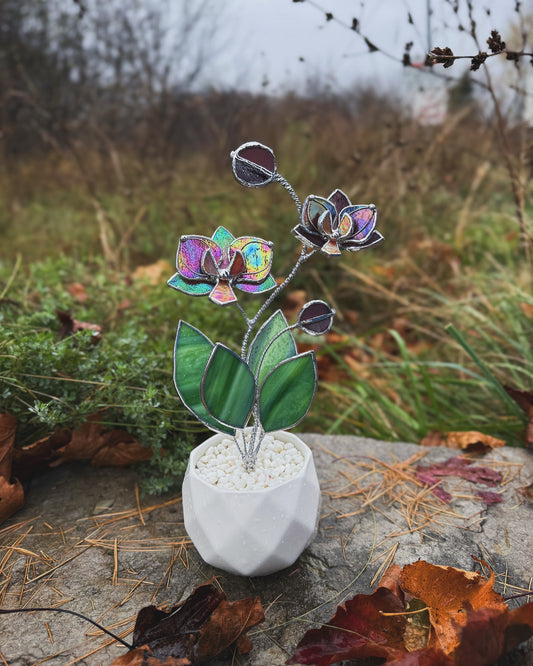 " . Mauve iridescent Orchid 2 flowers with pot” Stained glass tropical flower 3D, Sun catcher, Table plant decor, Garden stick, Outdoor and gardening decor