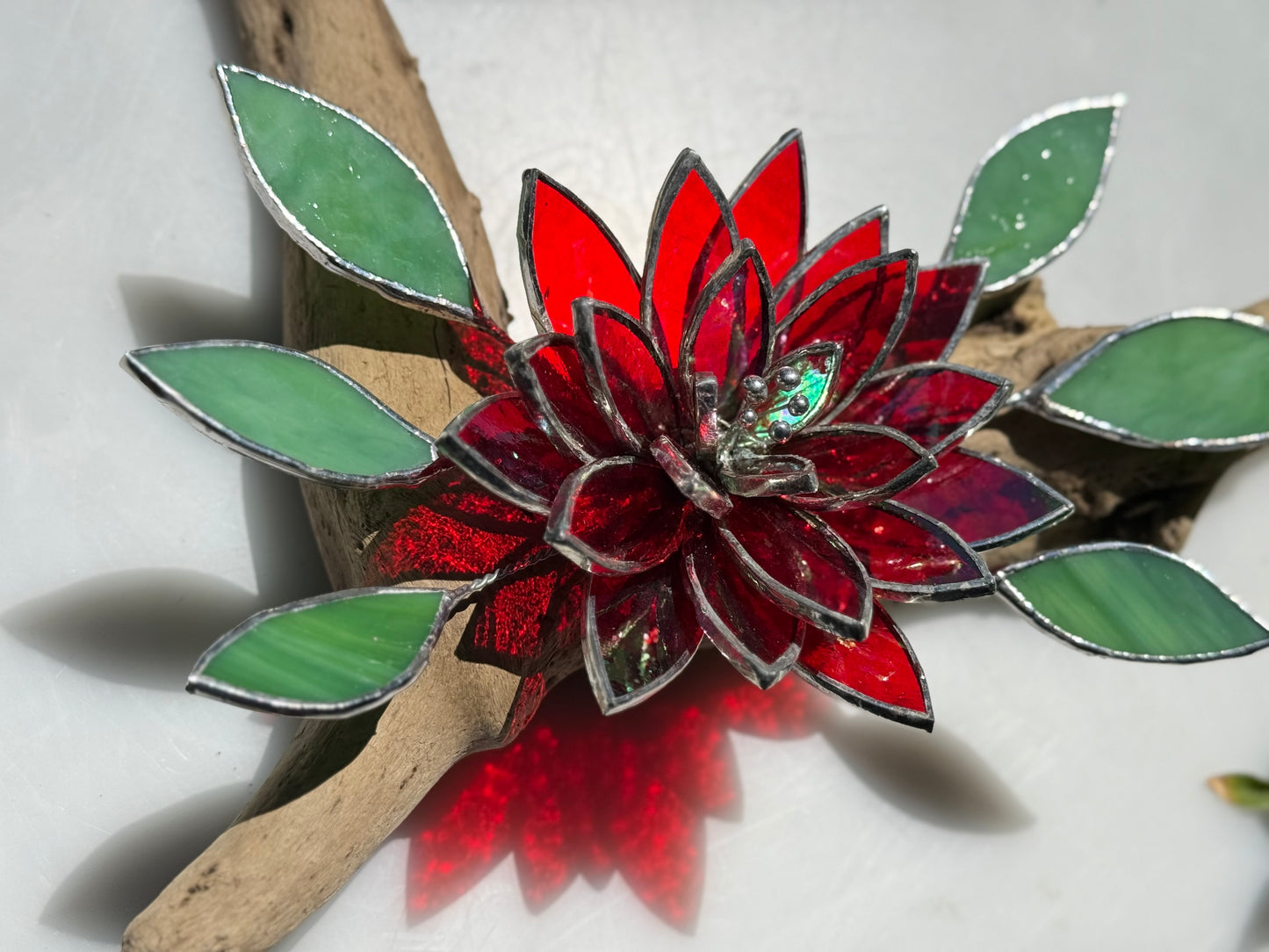.Fire Flower Iridescent Stained Glass Driftwood Wall Decor Suncatcher