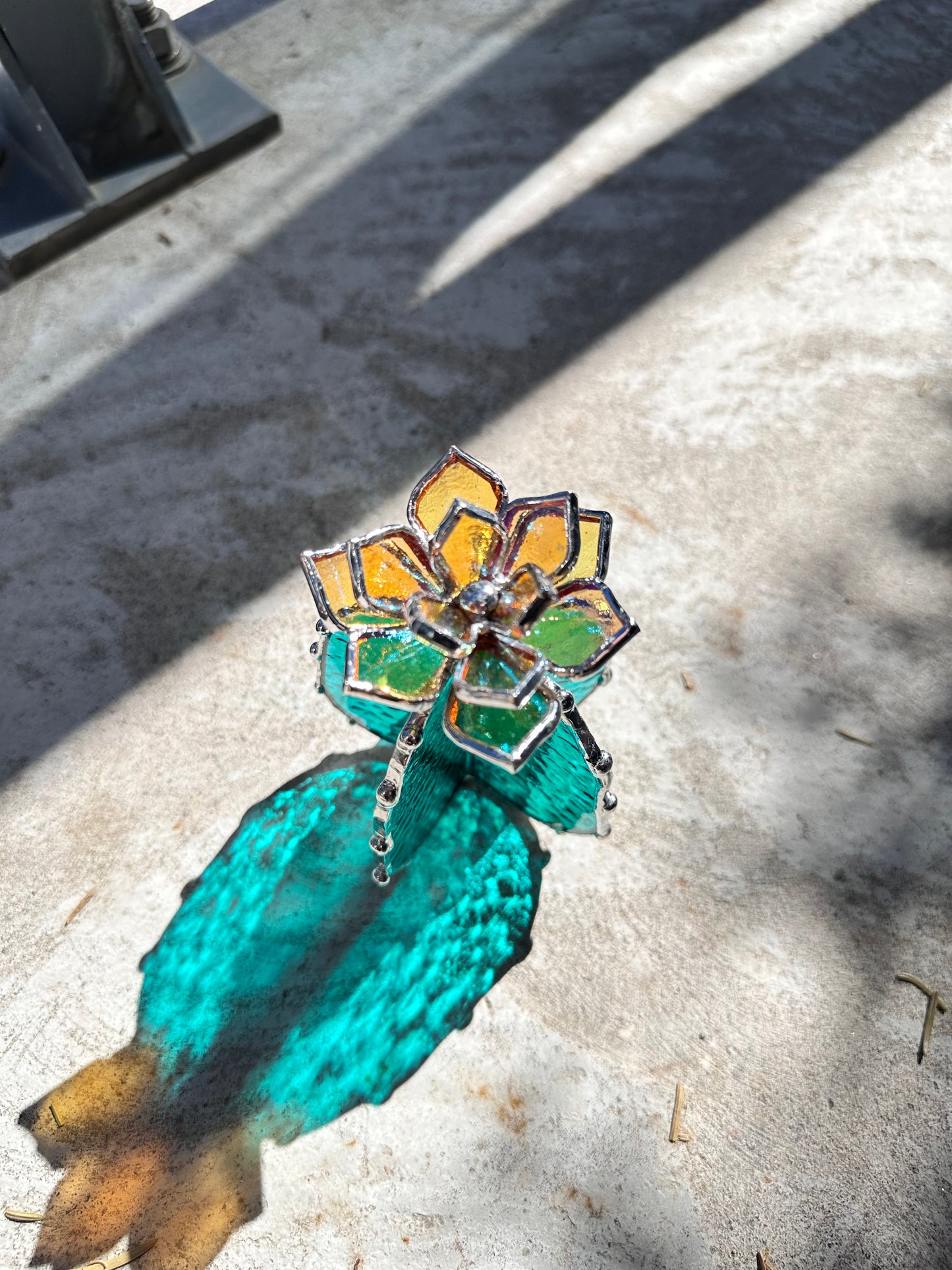 "Cactus turquoise  & yellow iridescent" Stained glass Succulent 3D design, house plant for flower pot, Sun catcher, glass art, wedding decor