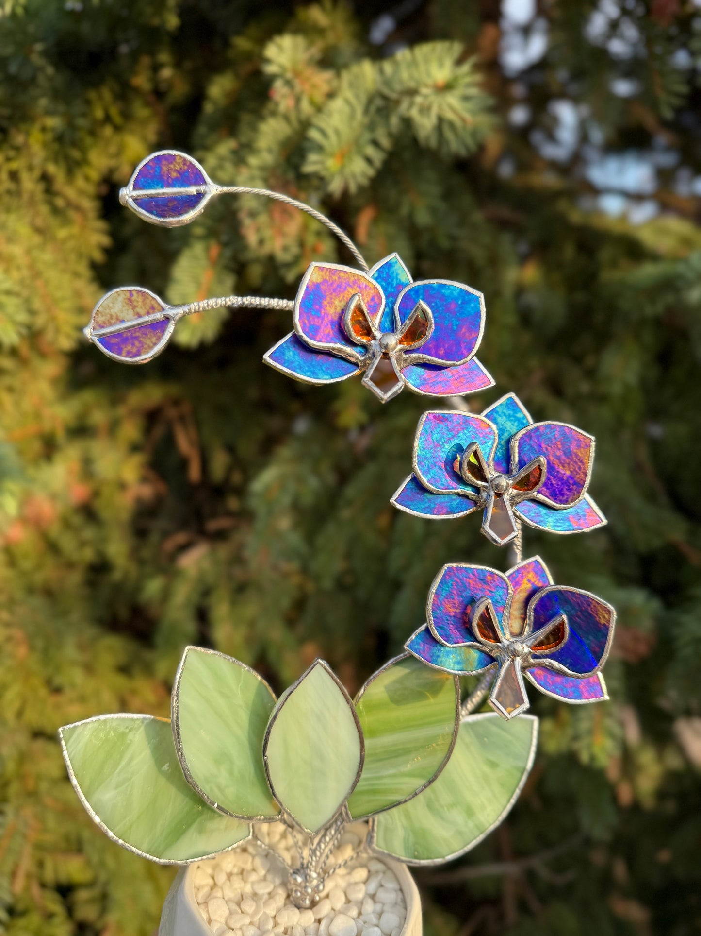 " . Indigo iridescent Orchid 3 flowers with pot ” Stained glass tropical flower 3D, Sun catcher, Table plant, Garden stick, Outdoor and gardening decor