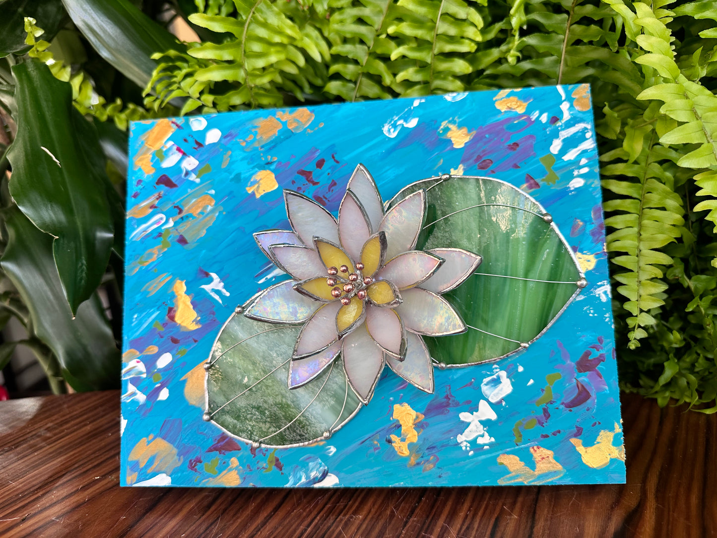 ".Acrylic painting ‘Lily Pond’ with stained glass 3D water Lily, Wall decor, Wedding, Christmas gift, available