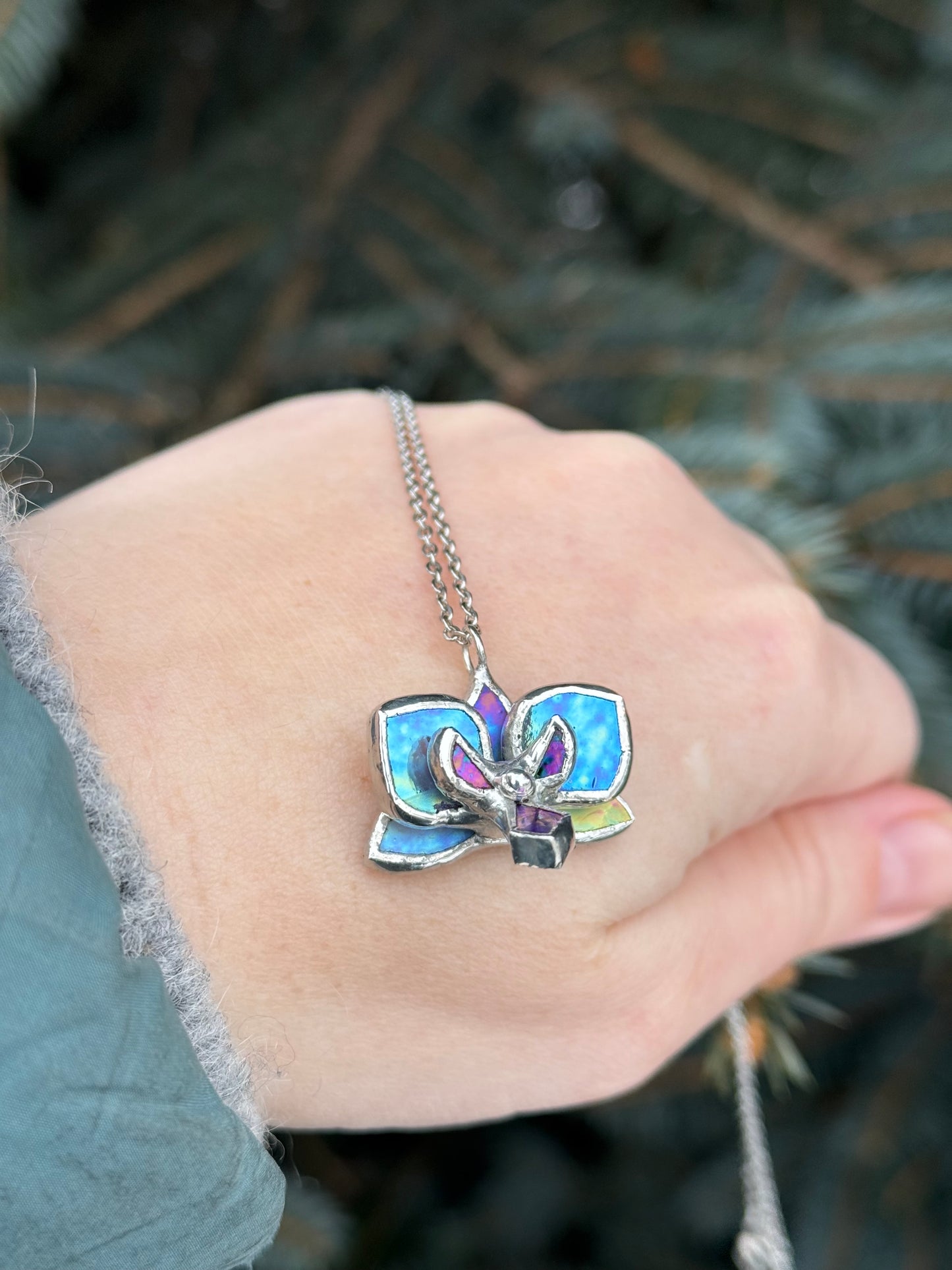 " . Necklace Orchid Lavender iridescent Necklace” Stained glass tropical flower 3D, art jewelry