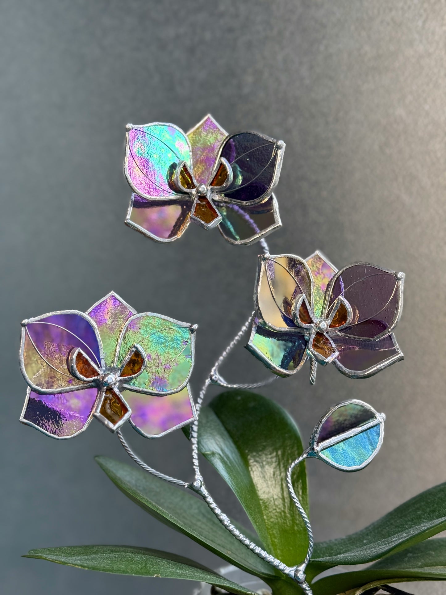 " . Butterfly orchid Purple transparent irid flower stick, Plant stake 3 flowers no pot” Stained glass flower, Table plant, Garden stick