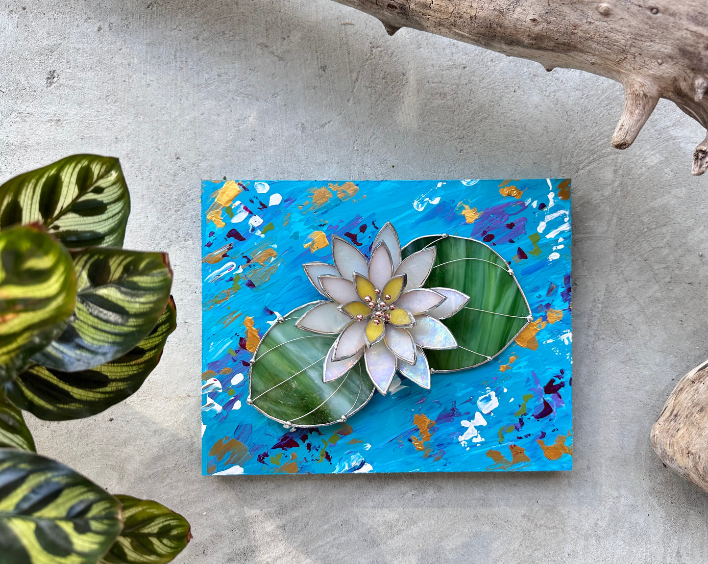 ".Acrylic painting ‘Lily Pond’ with stained glass 3D water Lily, Wall decor, Wedding, Christmas gift, available