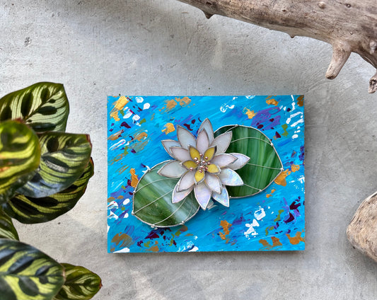 ".Acrylic painting ‘Lily Pond’ with stained glass 3D water Lily, Wall decor, Wedding, Christmas gift, available