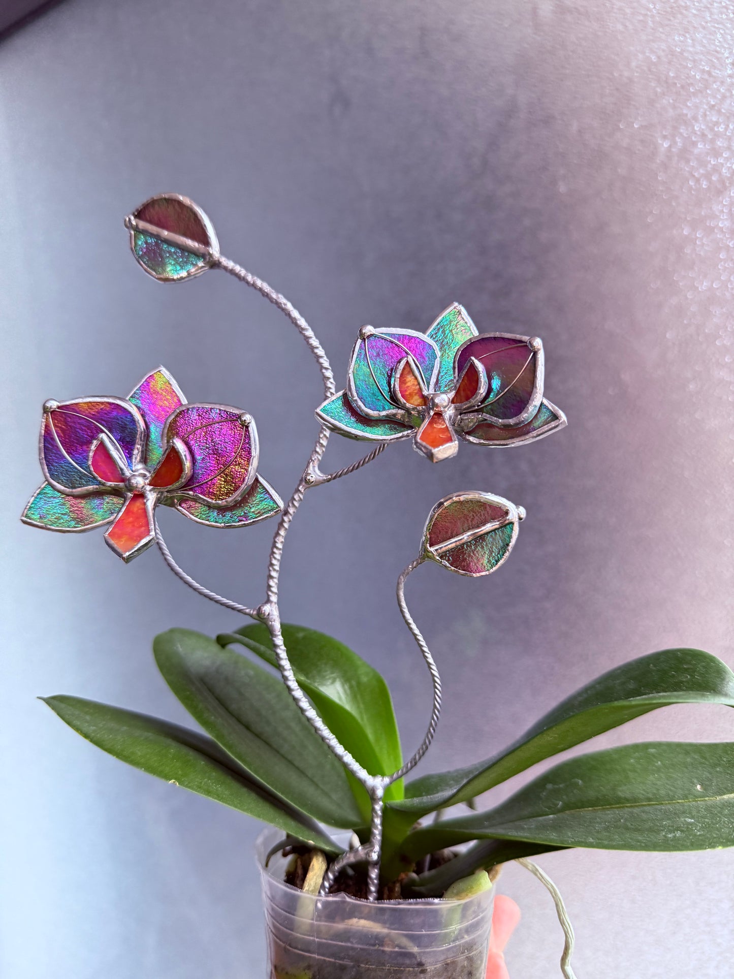 " . Mauve irid Orchid flower stick, Plant stake 2 flowers no pot” Stained glass tropical flower 3D, Sun catcher, Table plant, Garden stick, Outdoor and gardening decor